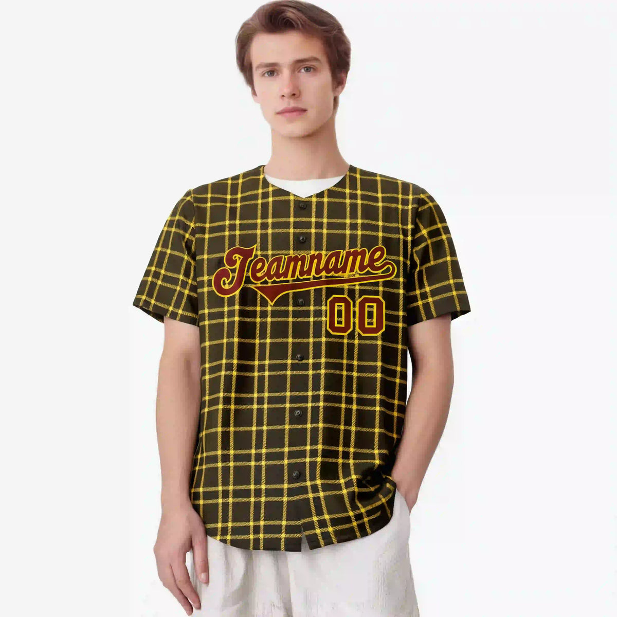 Custom Brown Gold Personalized Plaid Design Authentic Baseball Jersey