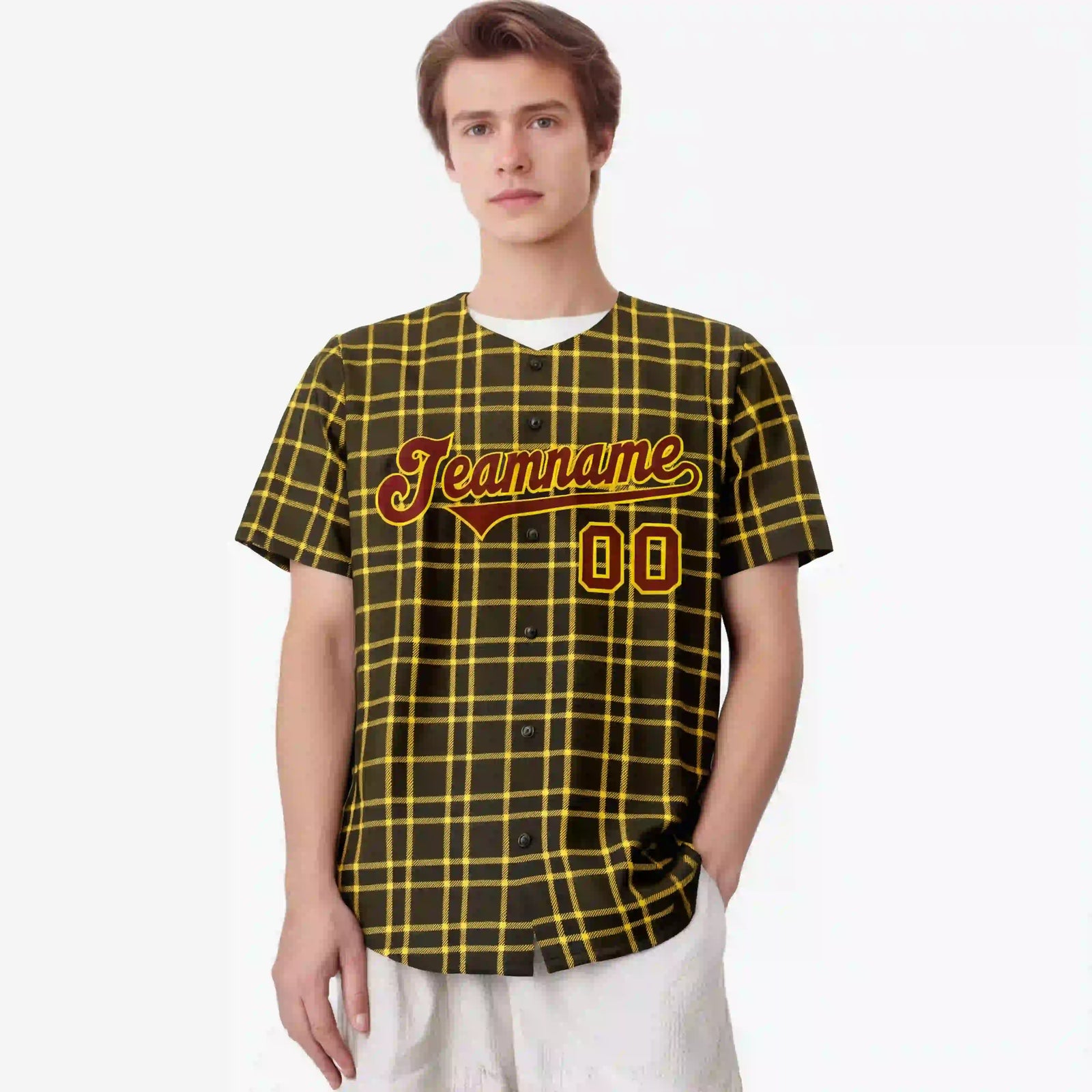 Custom Brown Gold Personalized Plaid Design Authentic Baseball Jersey