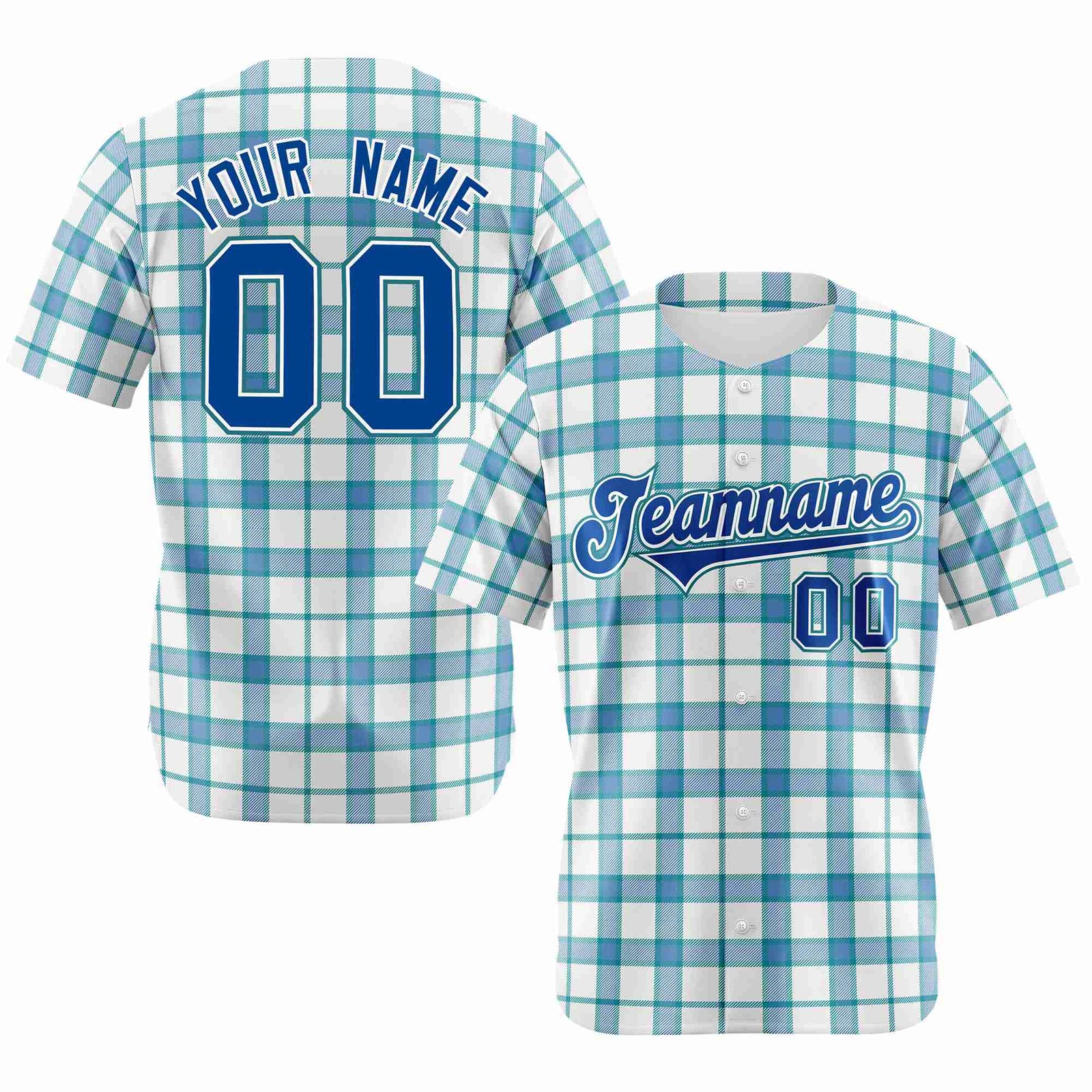 Custom White Light Blue Personalized Plaid Design Authentic Baseball Jersey