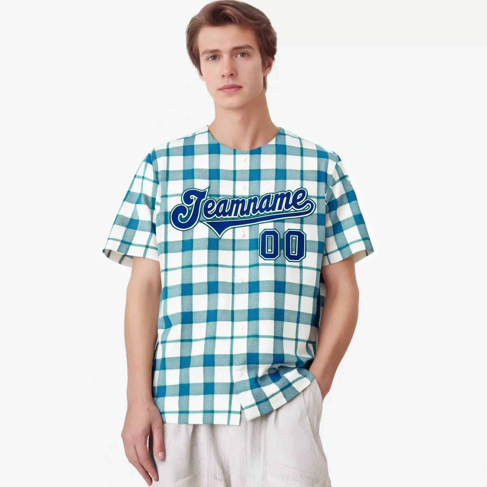 Custom White Light Blue Personalized Plaid Design Authentic Baseball Jersey