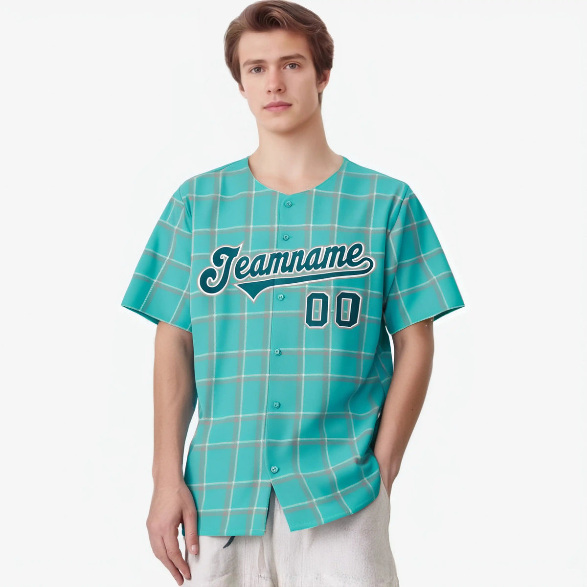 Custom Aqua Gray Personalized Plaid Design Authentic Baseball Jersey