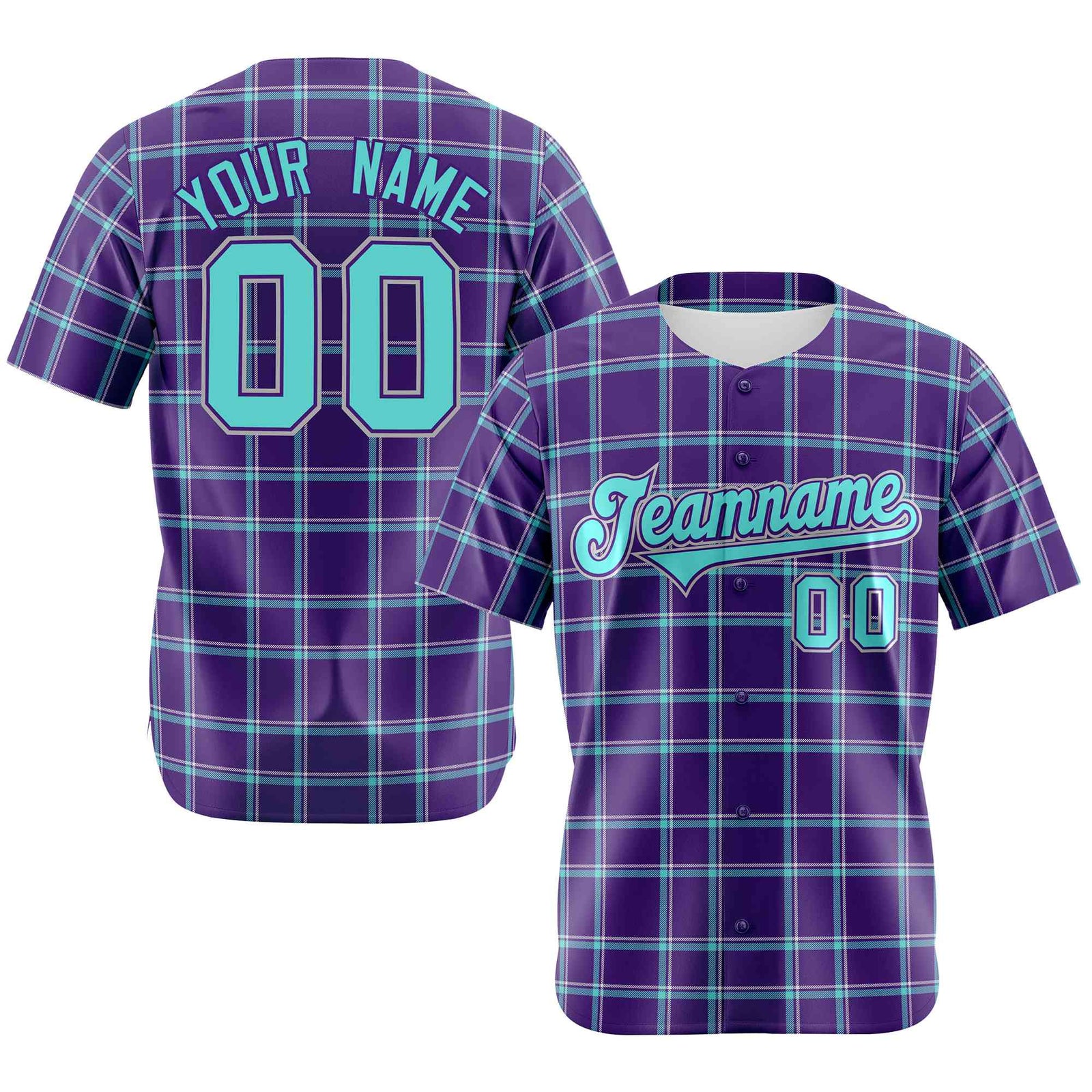 Custom Purple Aqua Personalized Plaid Design Authentic Baseball Jersey