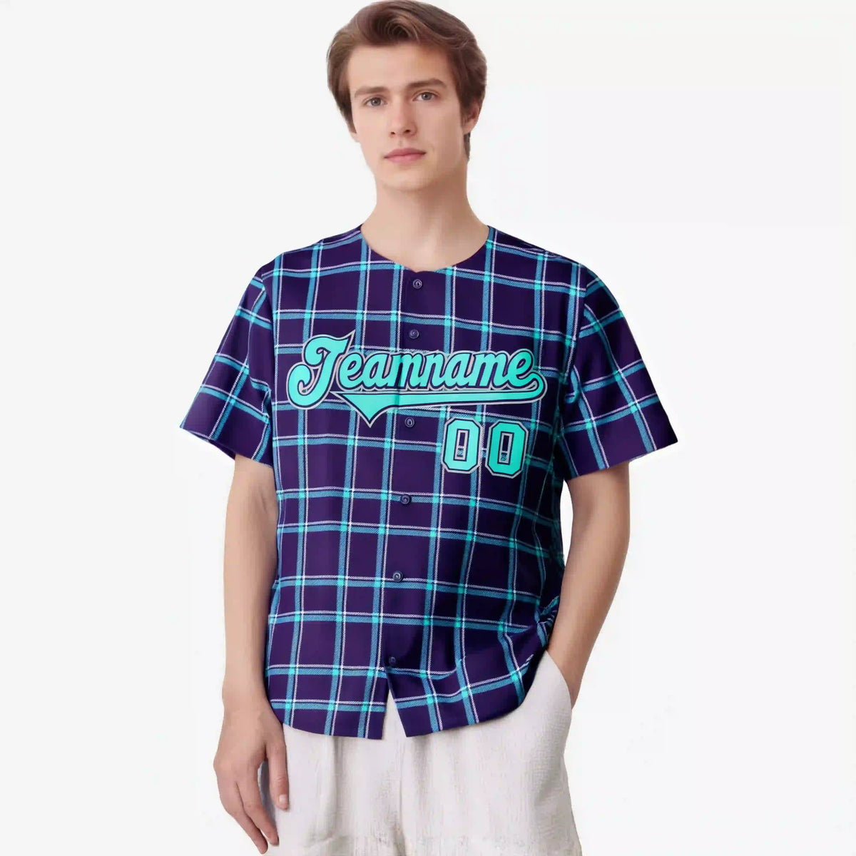 Custom Purple Aqua Personalized Plaid Design Authentic Baseball Jersey