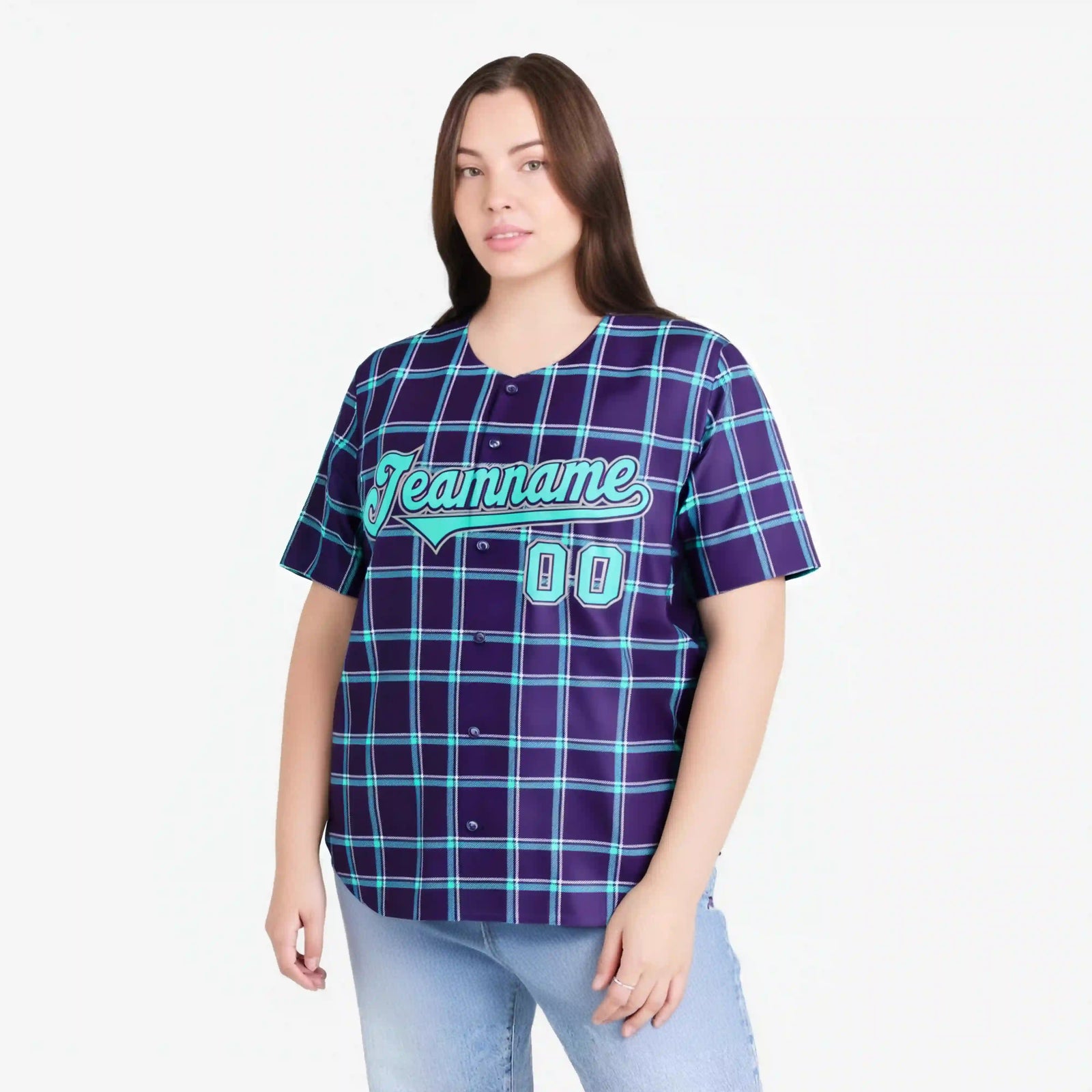 Custom Purple Aqua Personalized Plaid Design Authentic Baseball Jersey