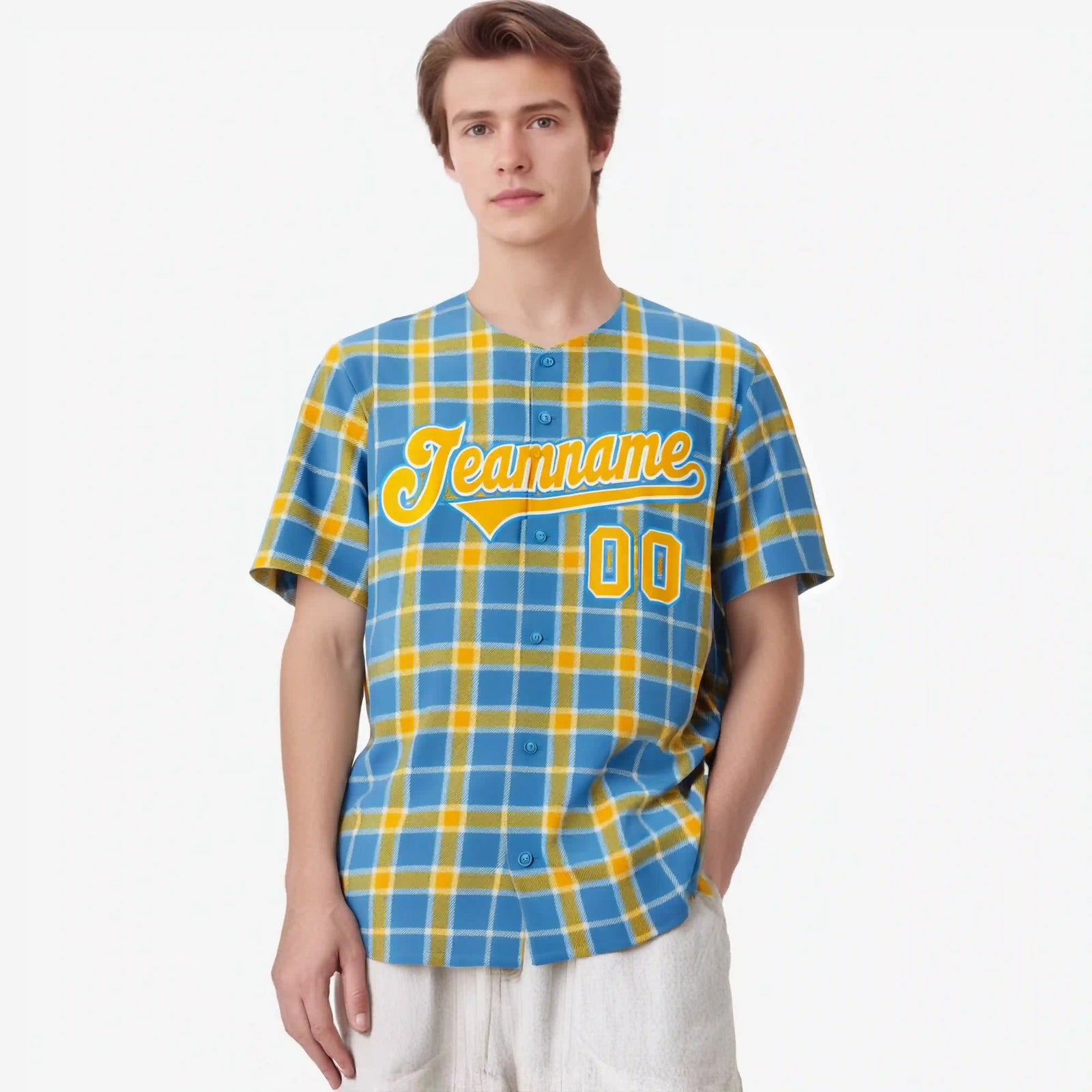 Custom Light Blue Yellow Personalized Plaid Design Authentic Baseball Jersey