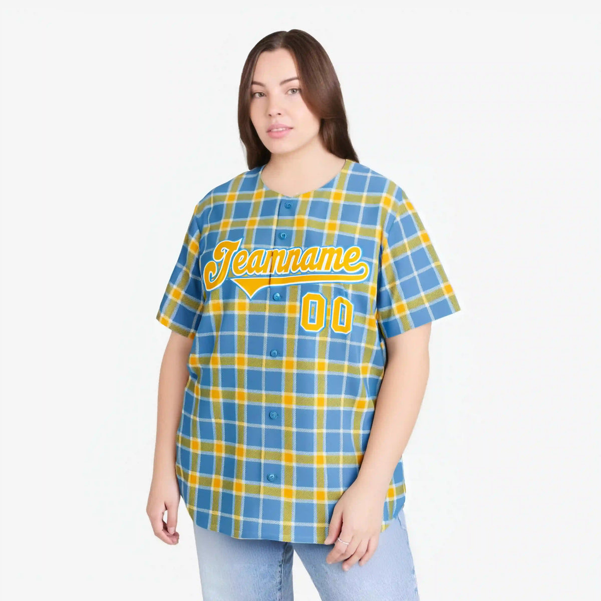 Custom Light Blue Yellow Personalized Plaid Design Authentic Baseball Jersey