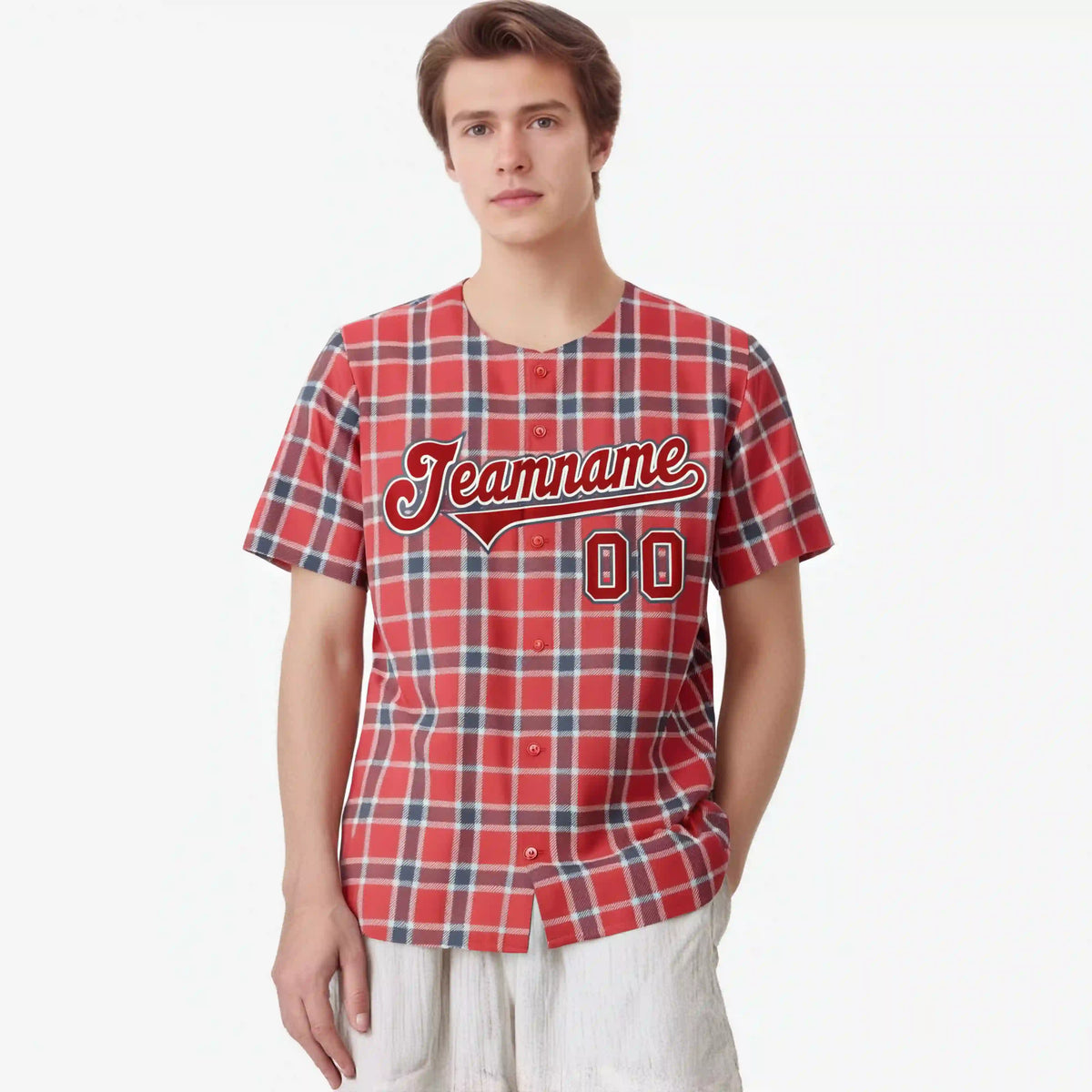 Custom Light Red Crimson Personalized Plaid Design Authentic Baseball Jersey