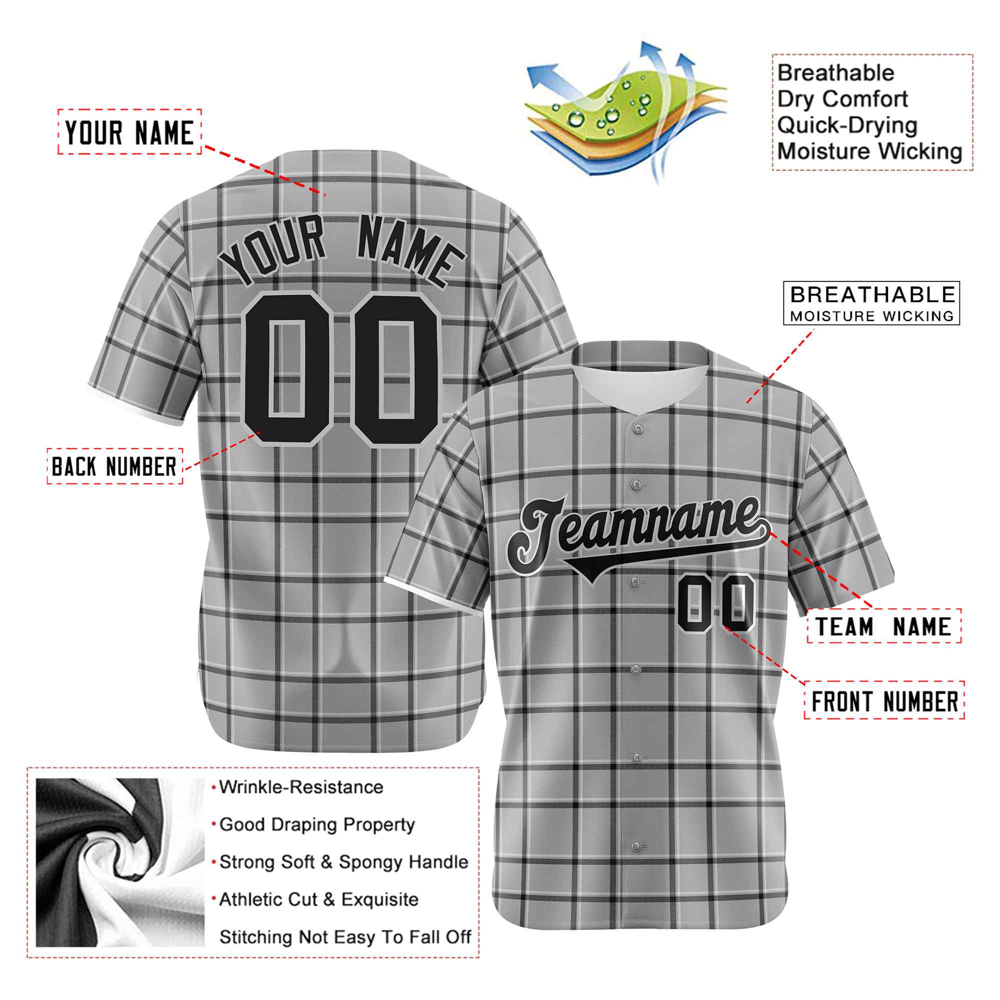 Custom Gray Black Personalized Plaid Design Authentic Baseball Jersey