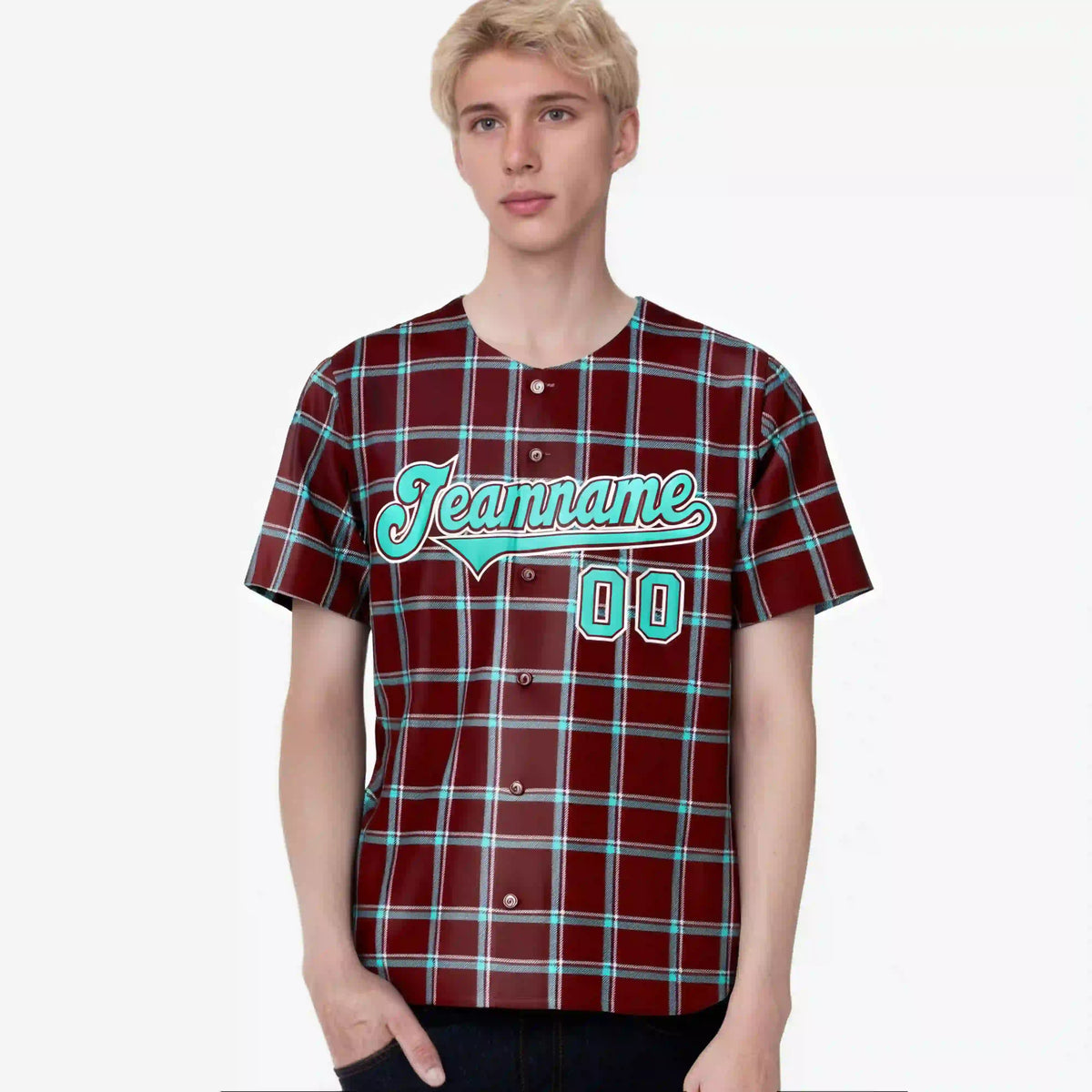 Custom Crimson Aqua Personalized Plaid Design Authentic Baseball Jersey