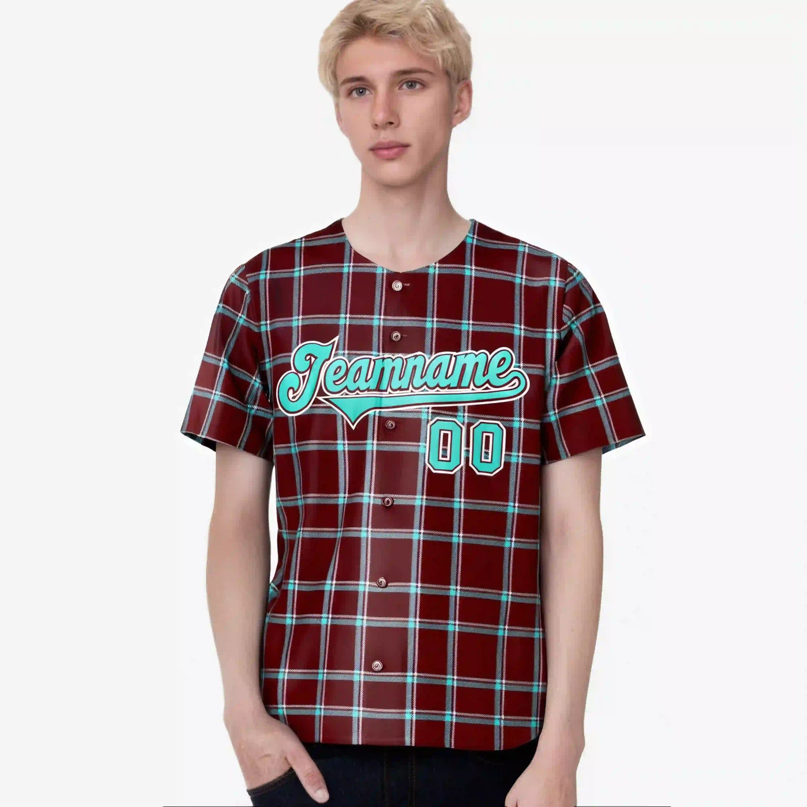 Custom Crimson Aqua Personalized Plaid Design Authentic Baseball Jersey