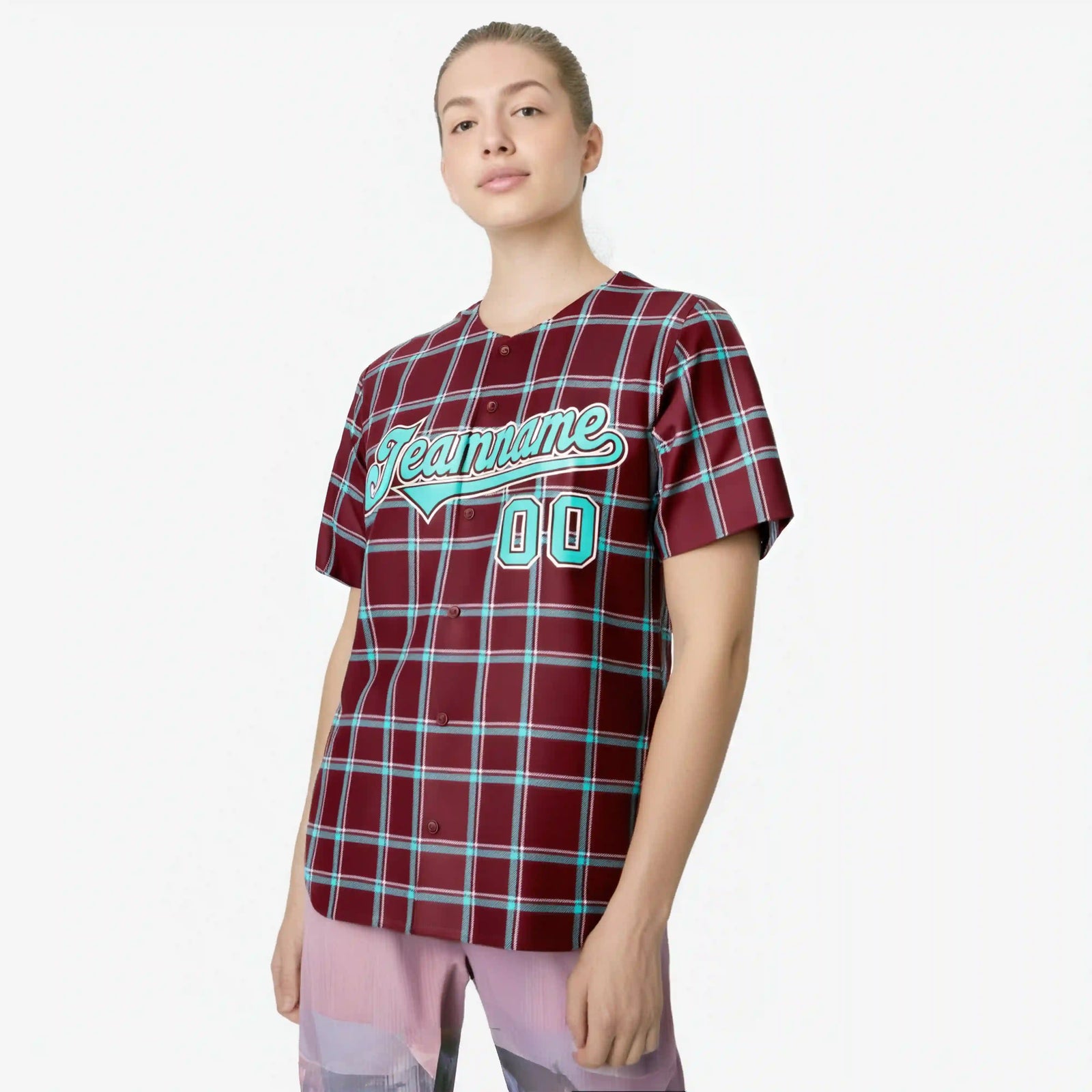 Custom Crimson Aqua Personalized Plaid Design Authentic Baseball Jersey