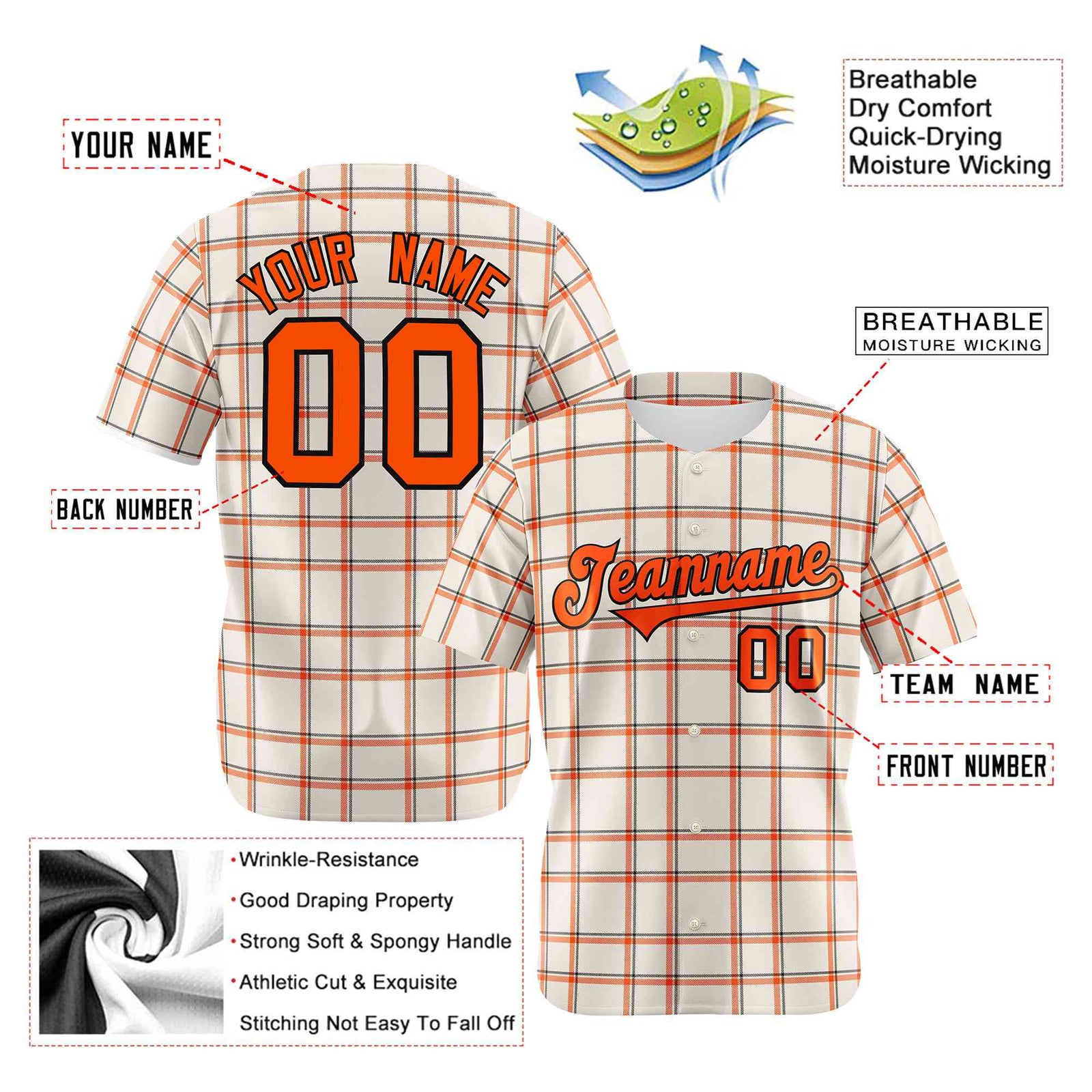 Custom White Orange Personalized Plaid Design Authentic Baseball Jersey