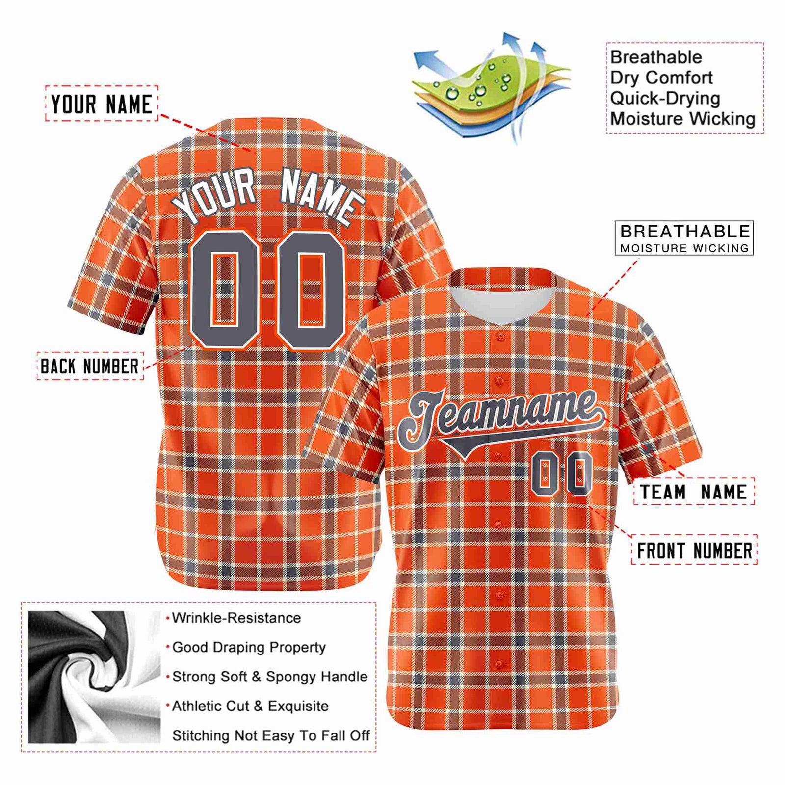 Custom Orange Brown Personalized Plaid Design Authentic Baseball Jersey