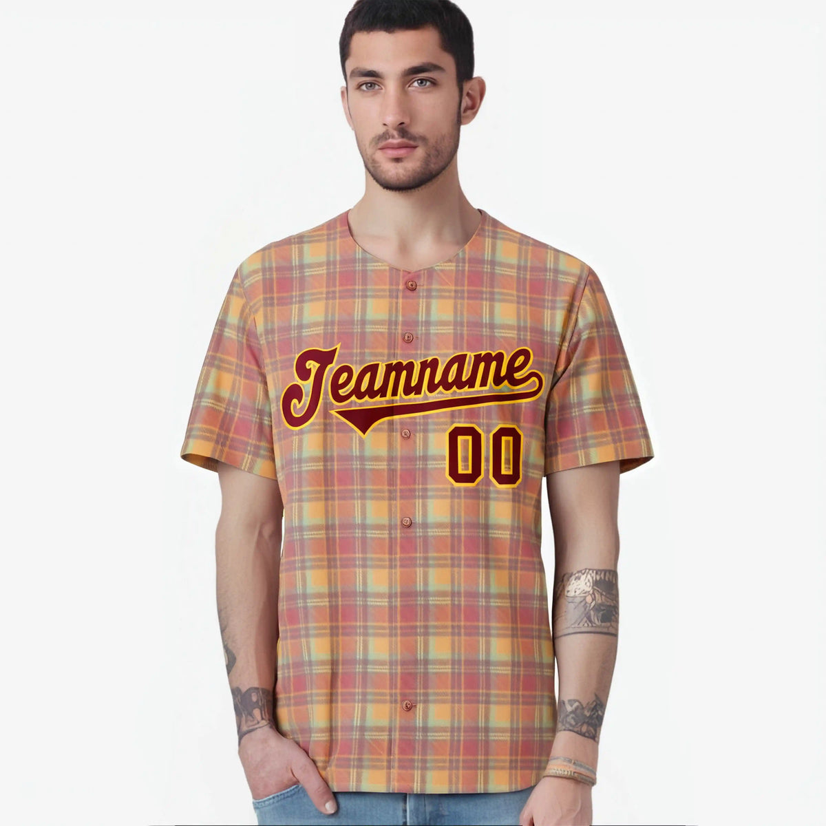 Custom Orange Yellow Personalized Plaid Design Authentic Baseball Jersey