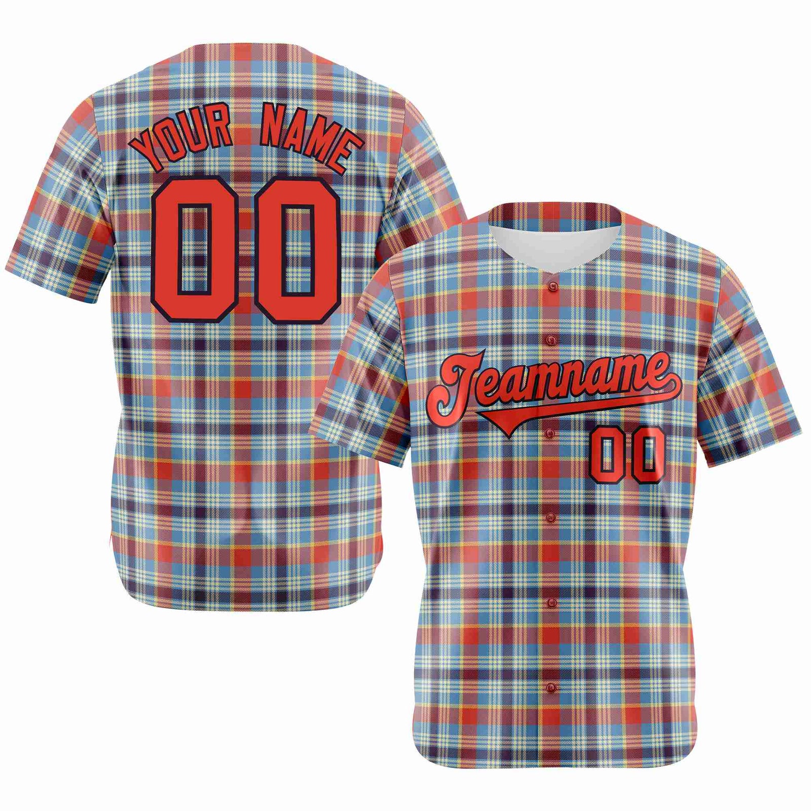 Custom Light Blue Orange Personalized Plaid Design Authentic Baseball Jersey