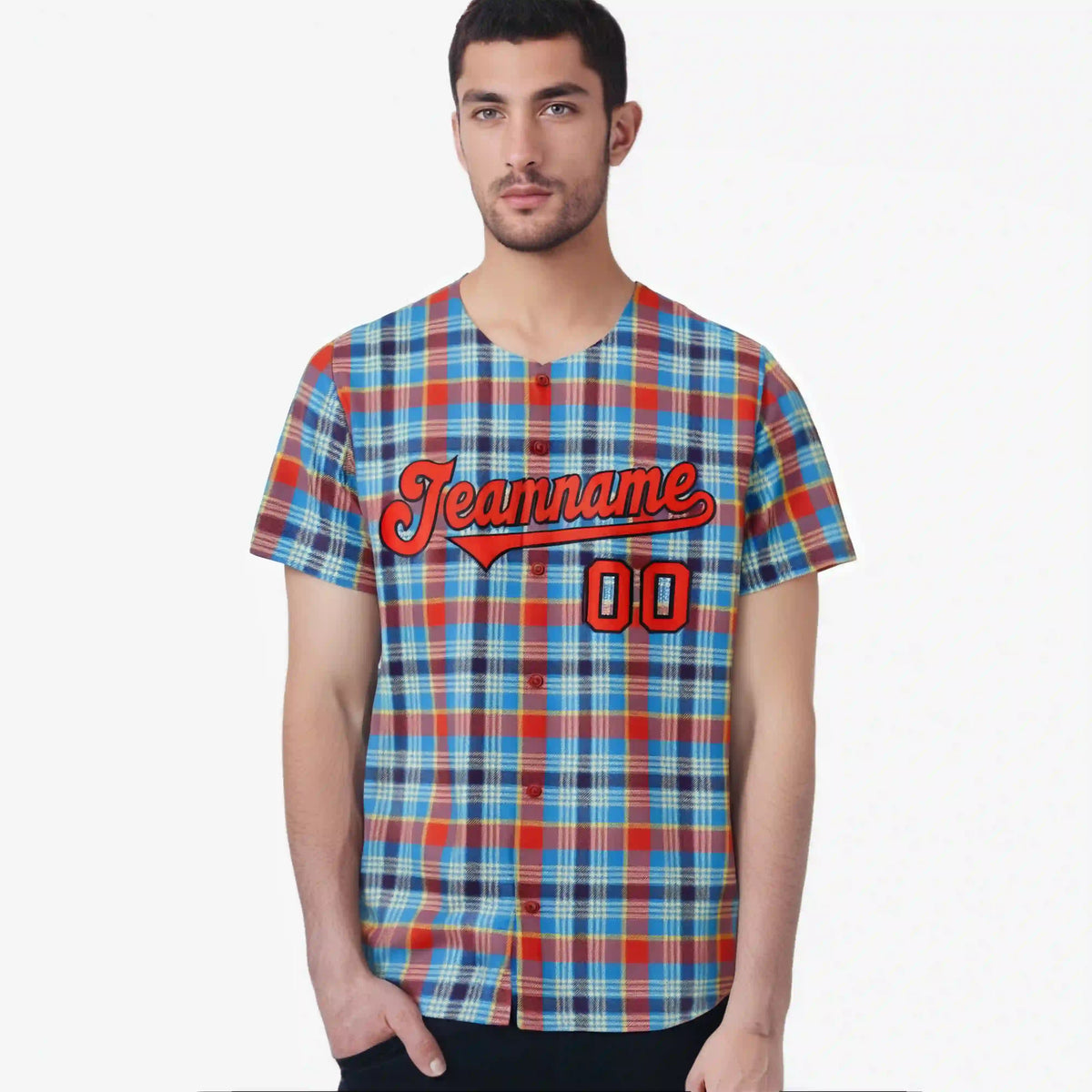Custom Light Blue Orange Personalized Plaid Design Authentic Baseball Jersey
