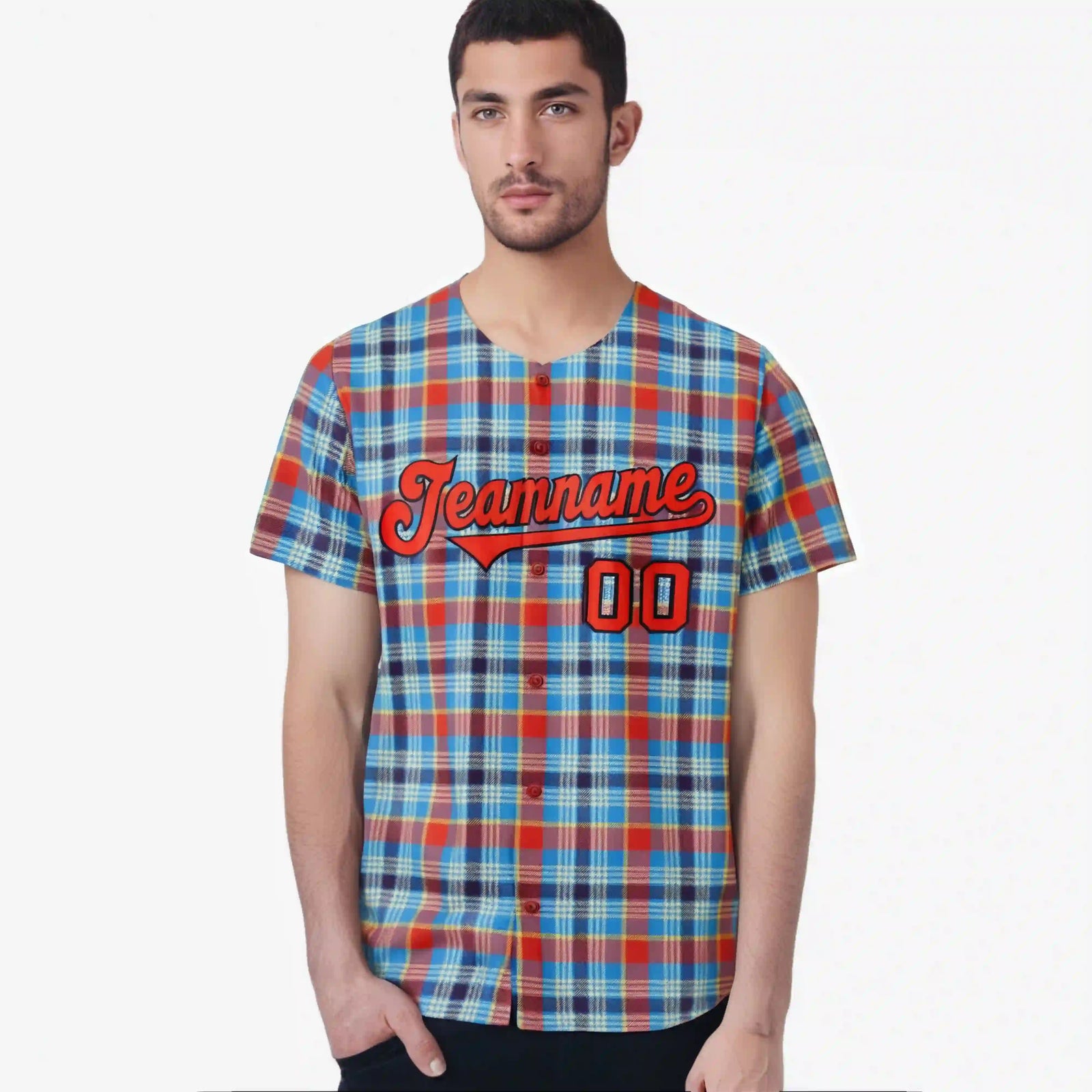 Custom Light Blue Orange Personalized Plaid Design Authentic Baseball Jersey