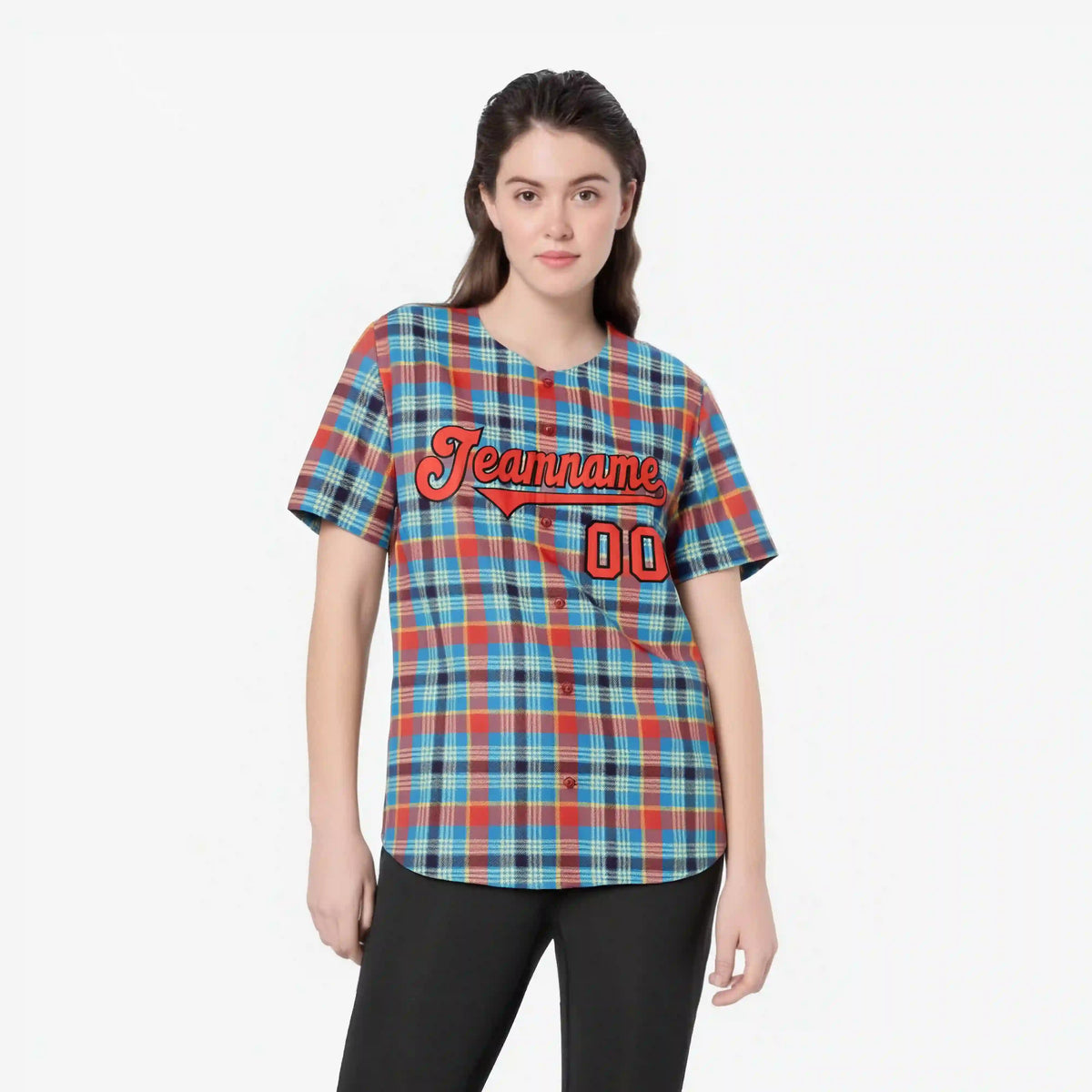 Custom Light Blue Orange Personalized Plaid Design Authentic Baseball Jersey