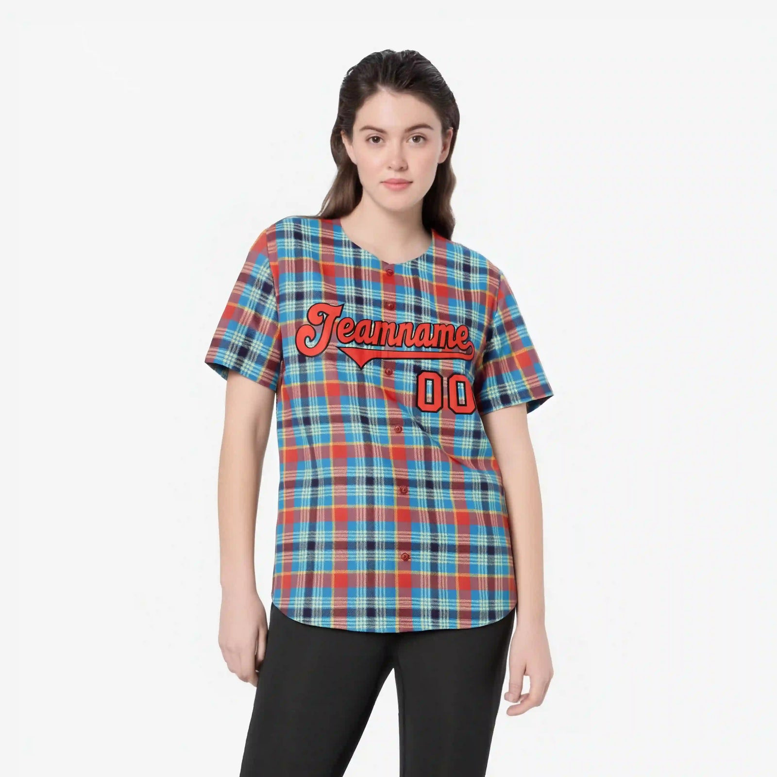 Custom Light Blue Orange Personalized Plaid Design Authentic Baseball Jersey