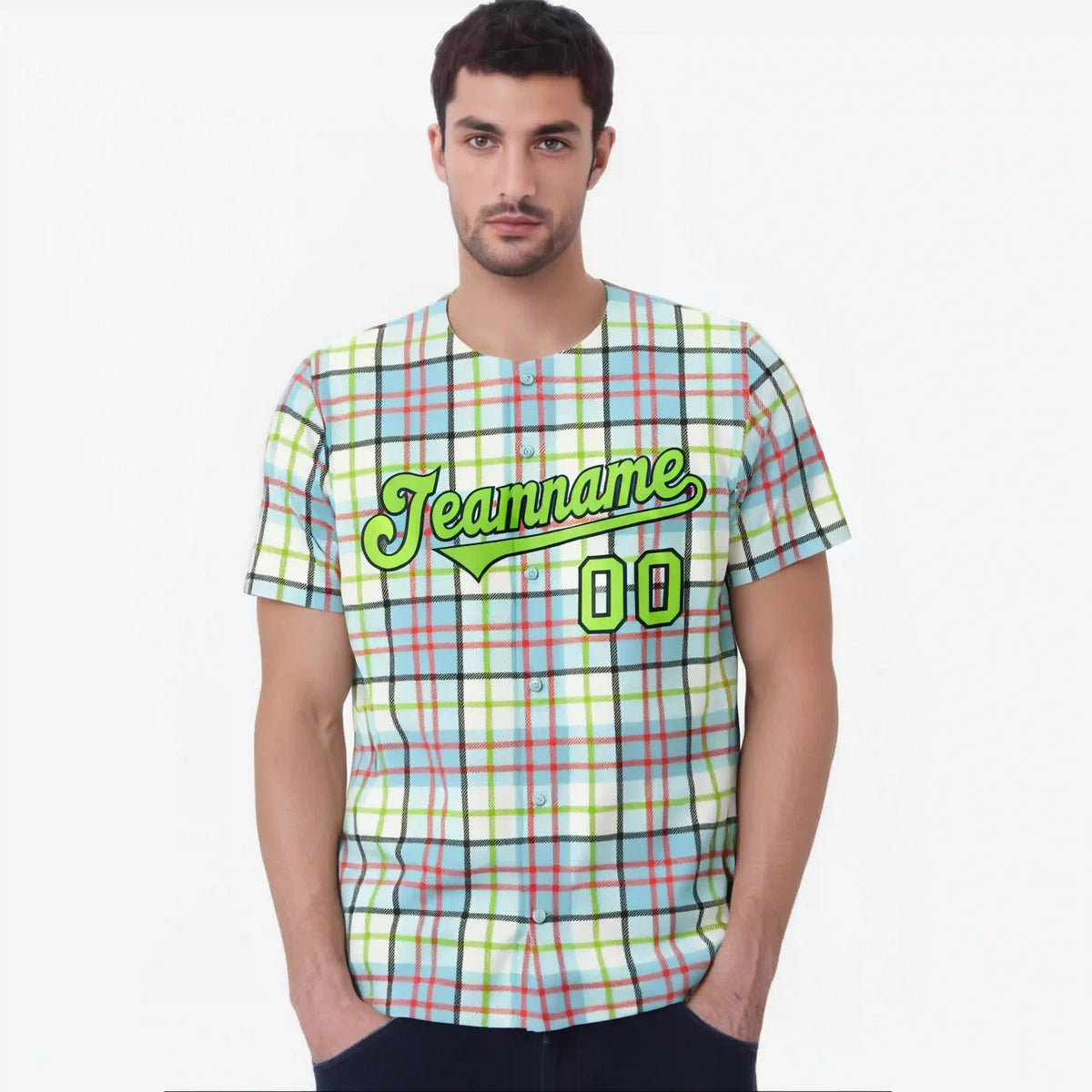 Custom White Neon Green-Red Personalized Plaid Design Authentic Baseball Jersey
