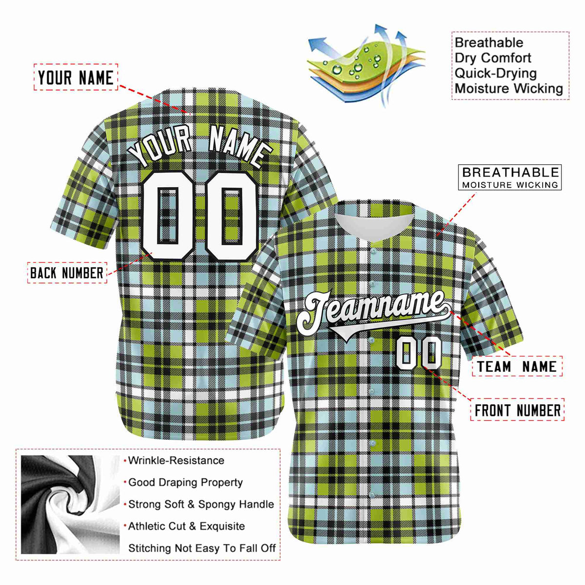 Custom Neon Green Light Blue Personalized Plaid Design Authentic Baseball Jersey