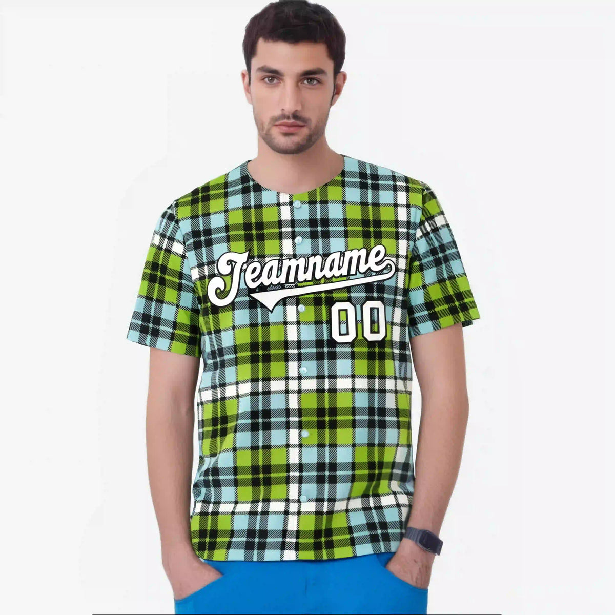 Custom Neon Green Light Blue Personalized Plaid Design Authentic Baseball Jersey