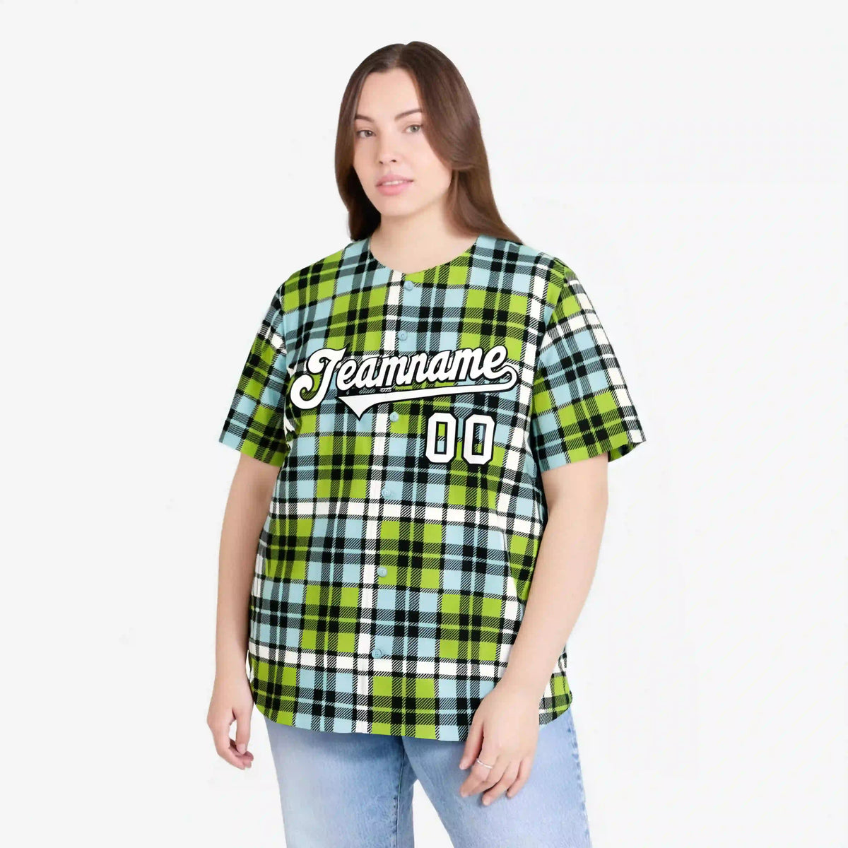 Custom Neon Green Light Blue Personalized Plaid Design Authentic Baseball Jersey