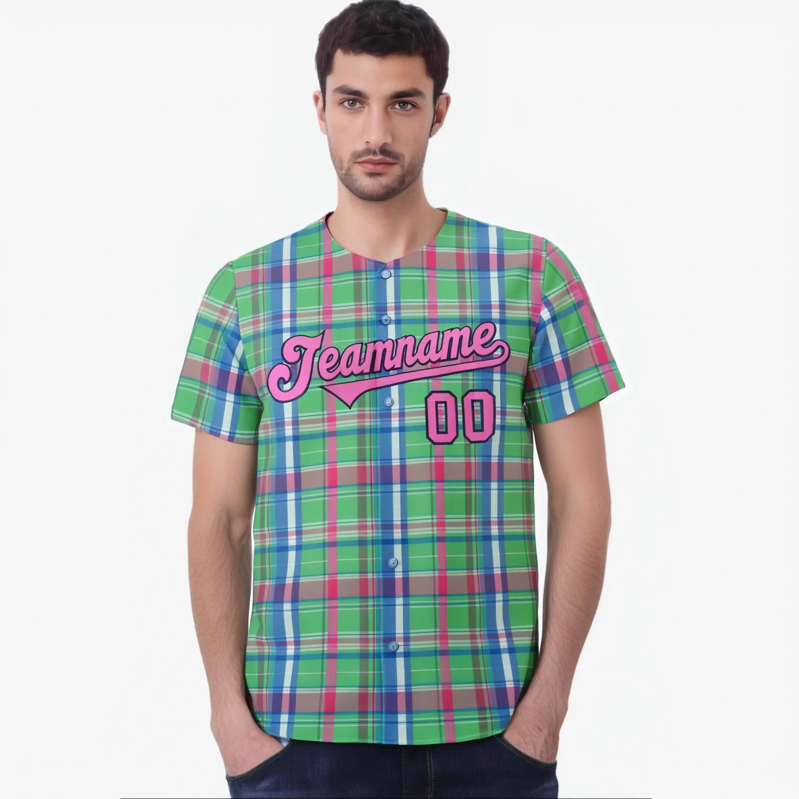 Custom Kelly Green Light Blue Personalized Plaid Design Authentic Baseball Jersey