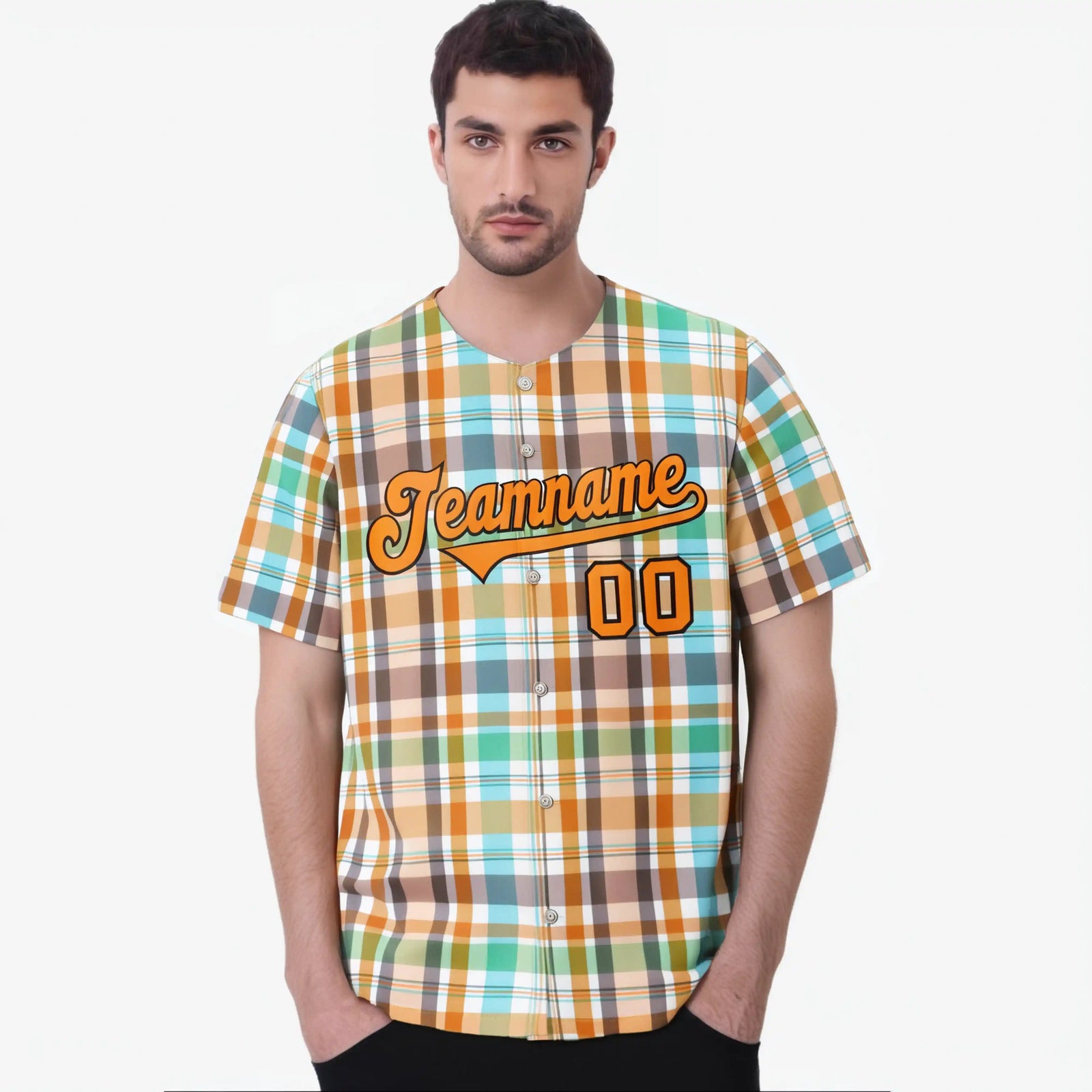 Custom Orange Gray Blue Personalized Plaid Design Authentic Baseball Jersey