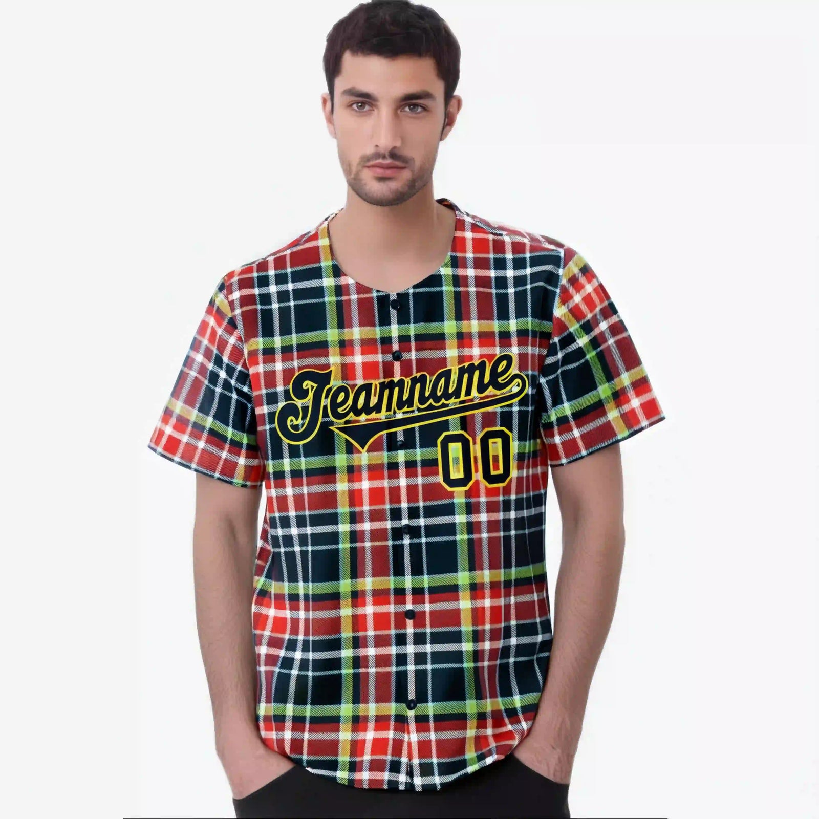 Custom Red Navy-Neon Green Personalized Plaid Design Authentic Baseball Jersey