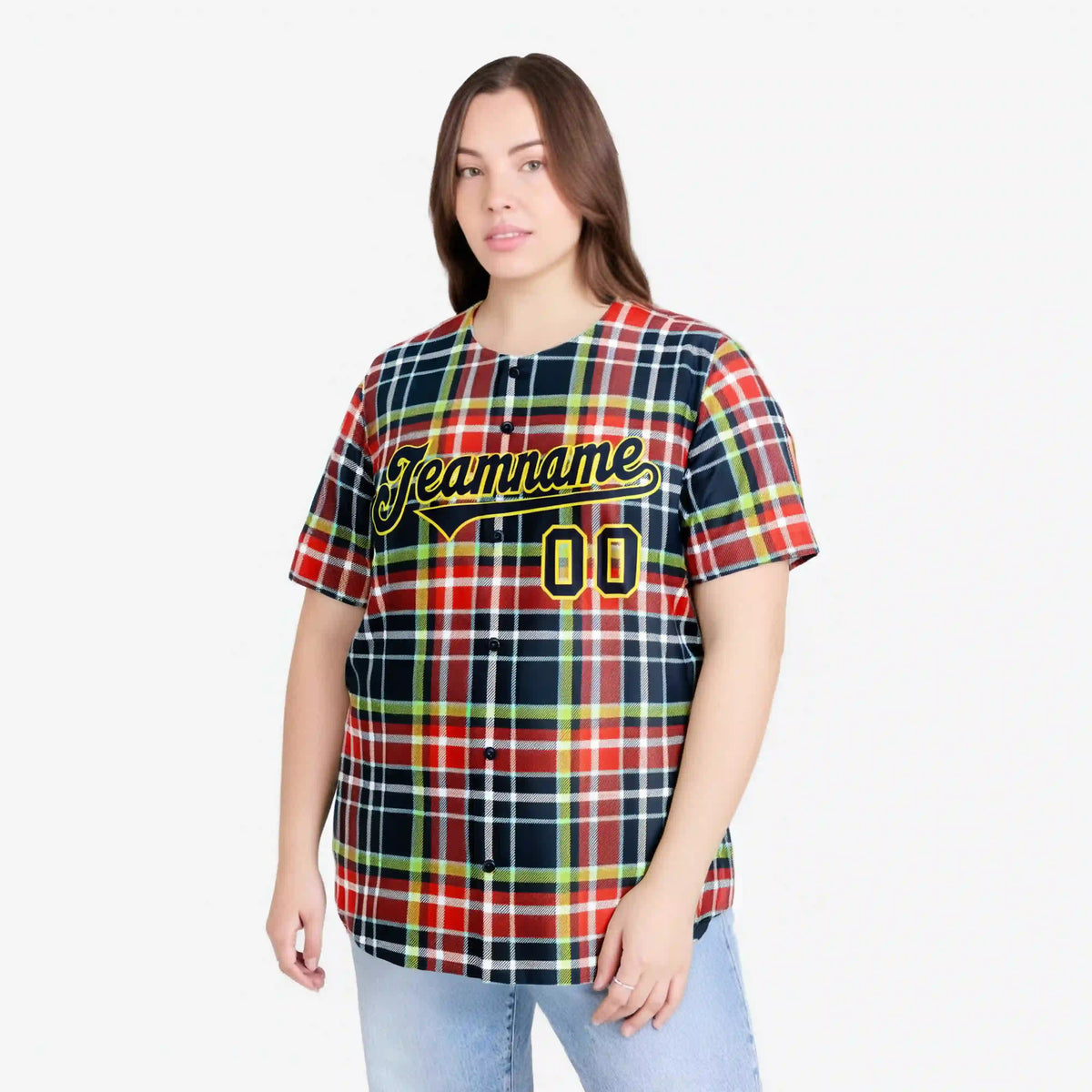 Custom Red Navy-Neon Green Personalized Plaid Design Authentic Baseball Jersey