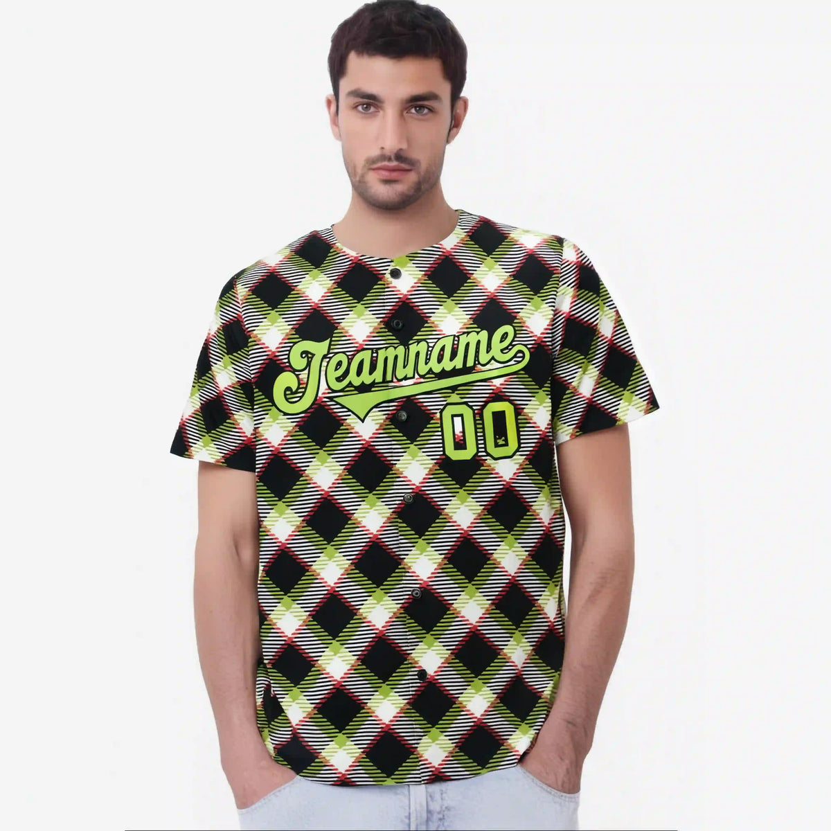 Custom Black White-Neon Green Personalized Plaid Design Authentic Baseball Jersey