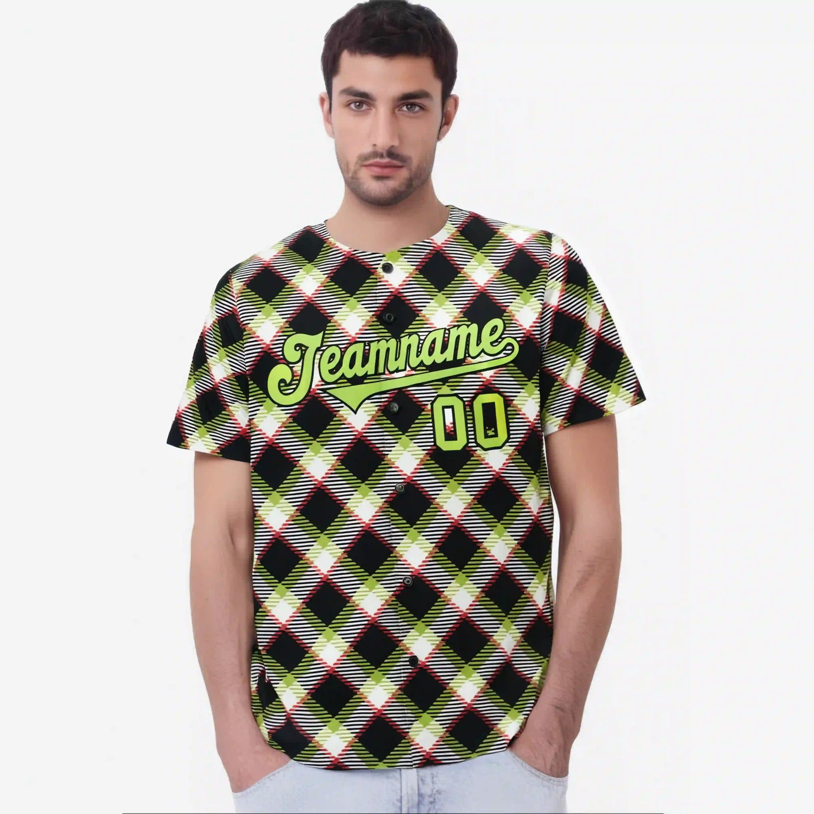 Custom Black White-Neon Green Personalized Plaid Design Authentic Baseball Jersey