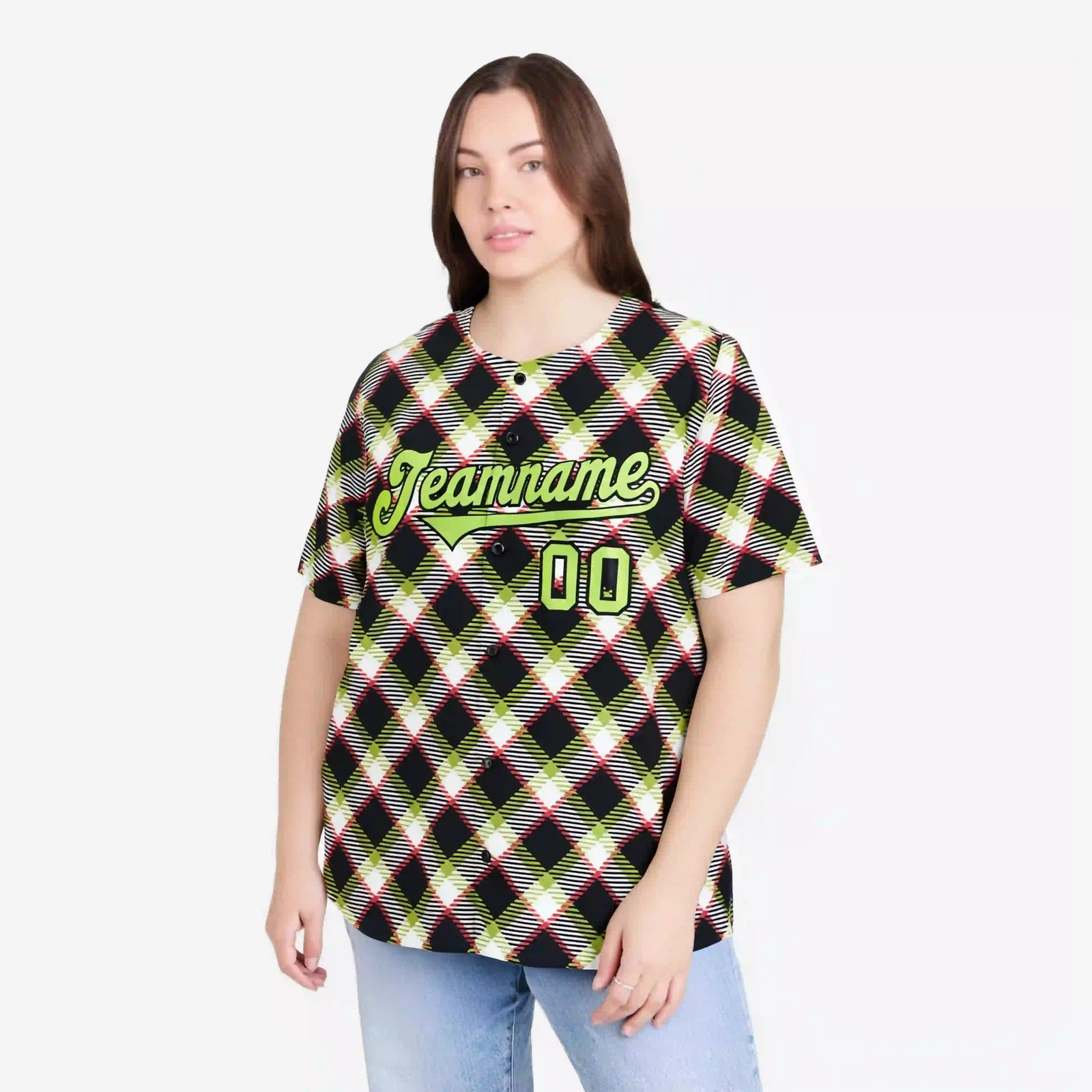 Custom Black White-Neon Green Personalized Plaid Design Authentic Baseball Jersey