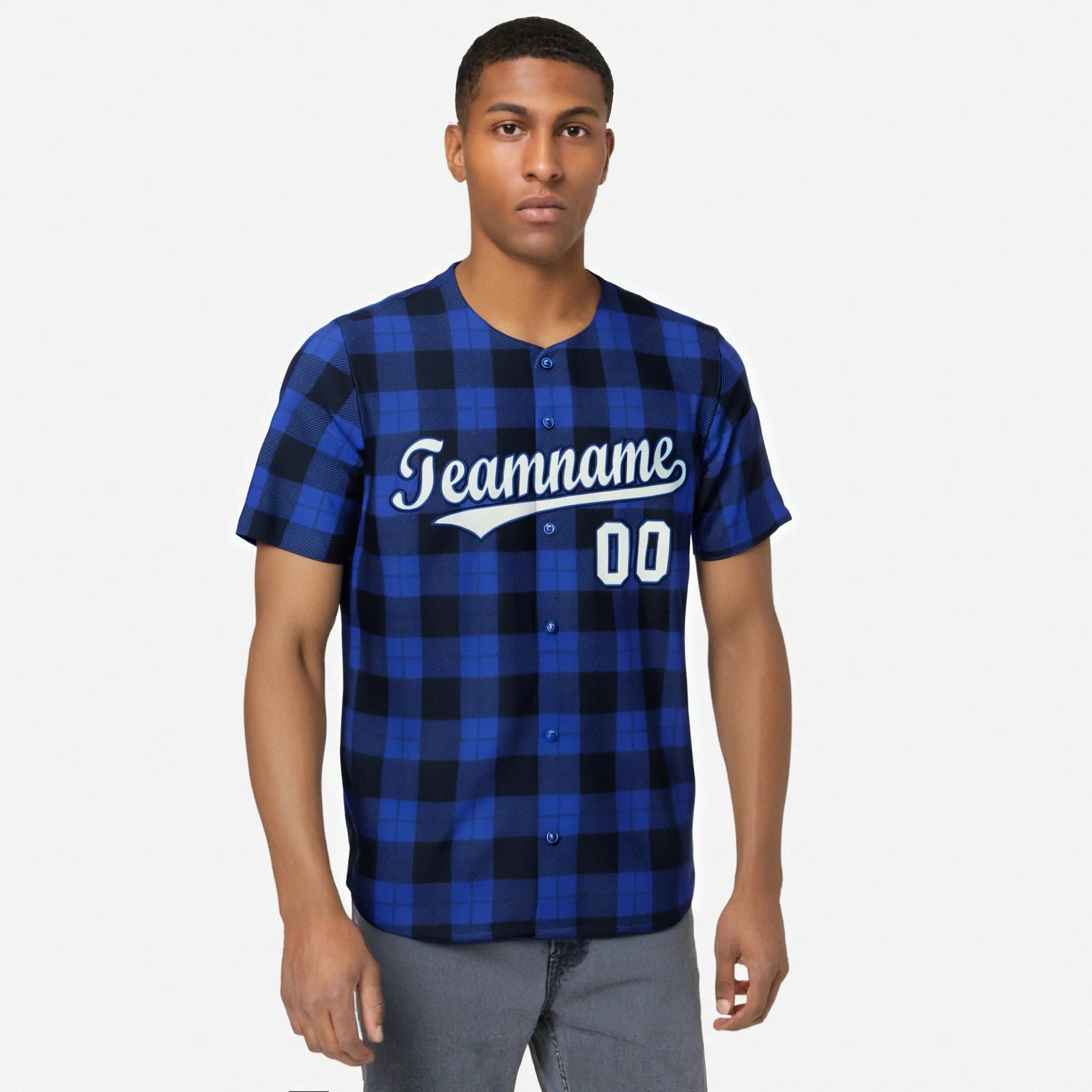 Custom Royal Navy Personalized Plaid Design Authentic Baseball Jersey