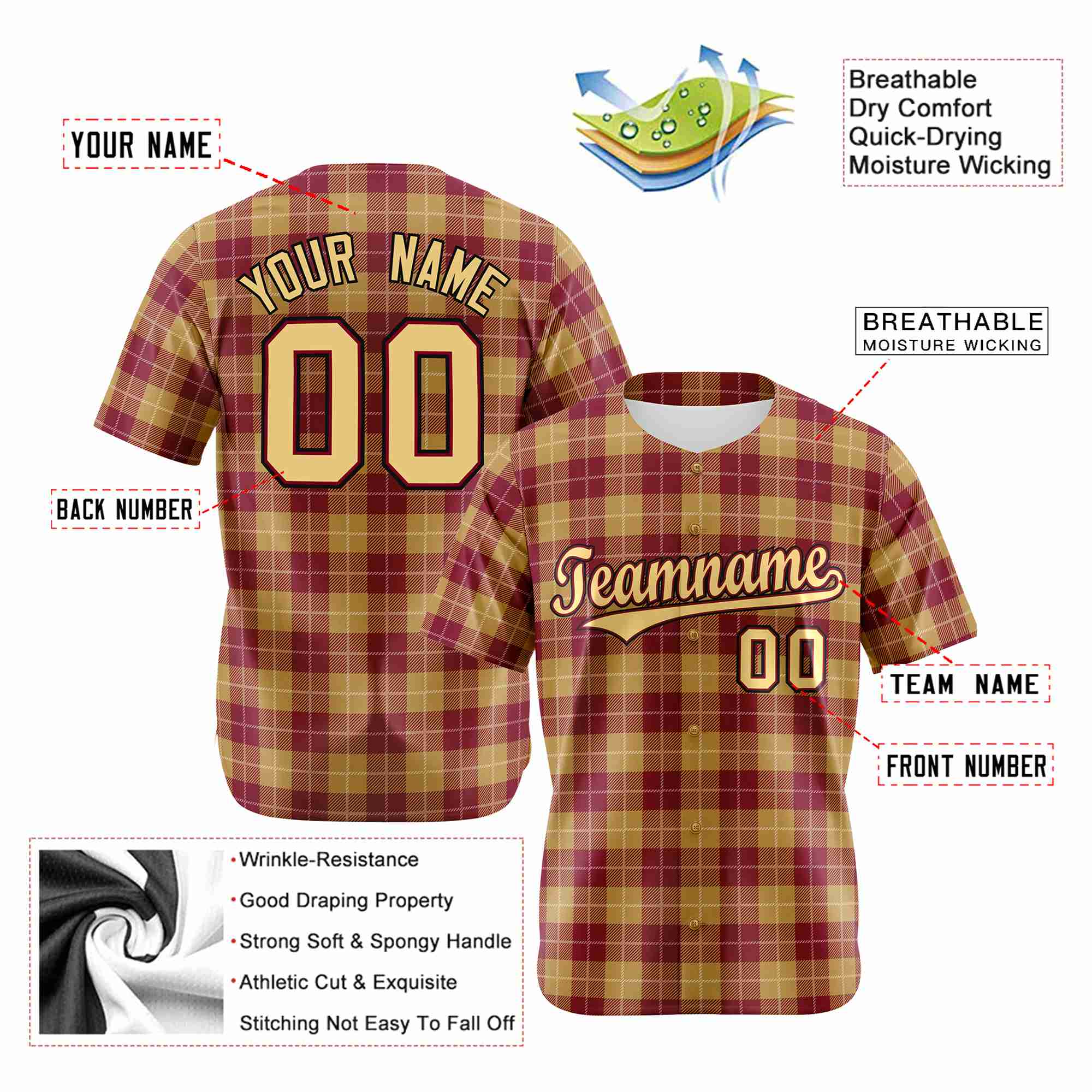 Custom Yellow Crimson Personalized Plaid Design Authentic Baseball Jersey