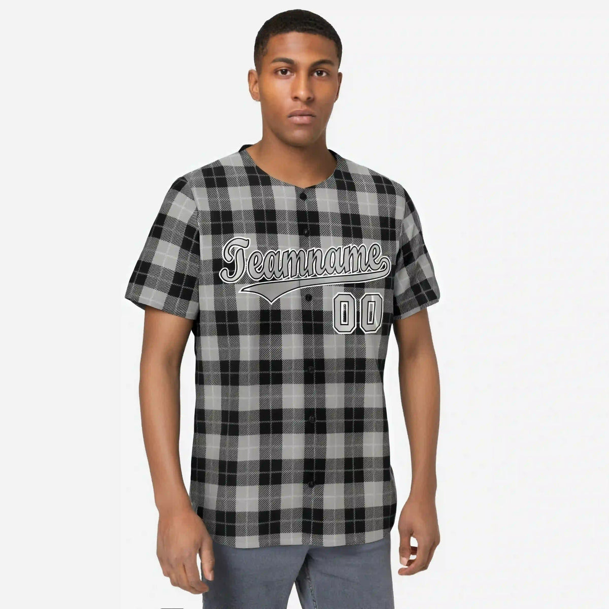 Custom Gray Black Personalized Plaid Design Authentic Baseball Jersey