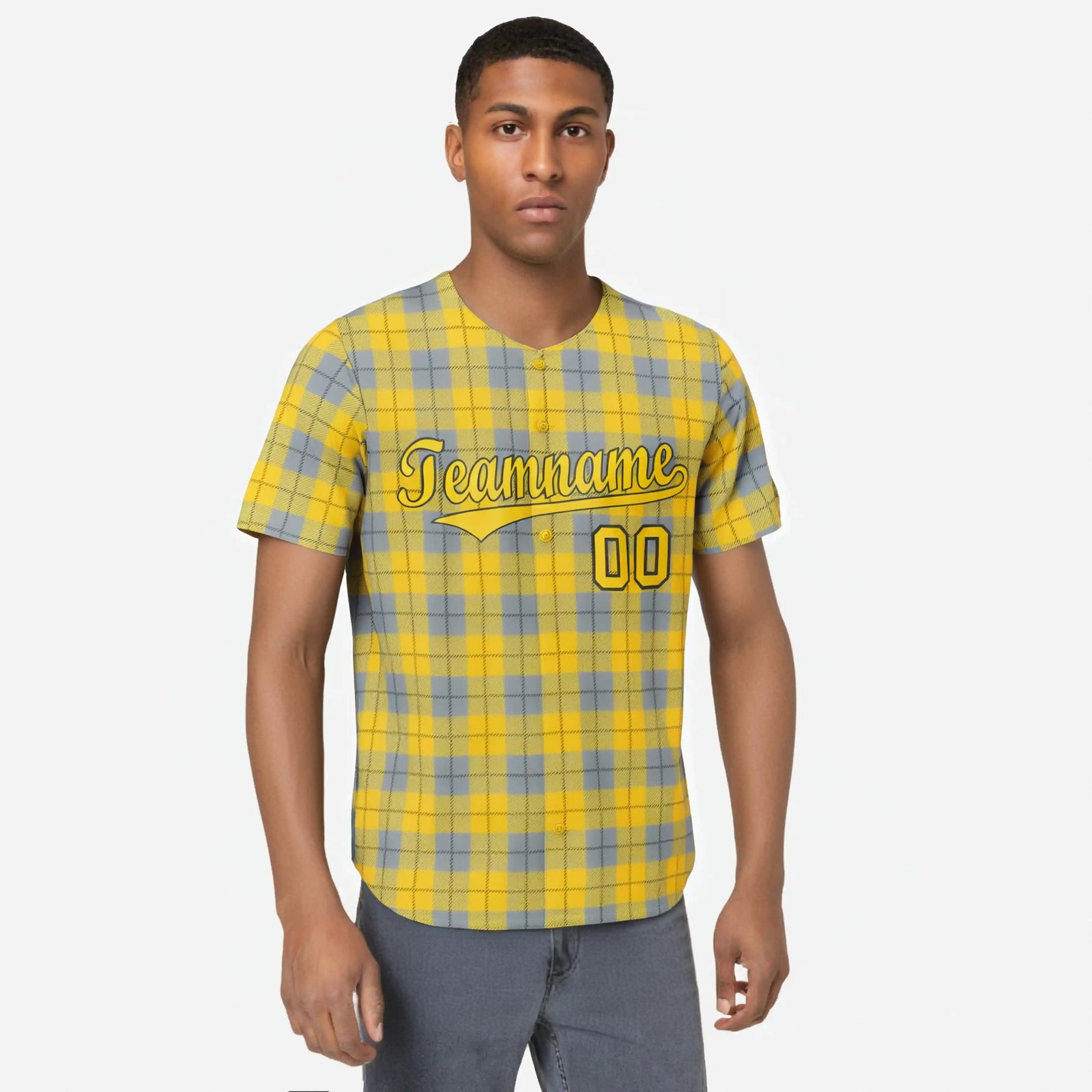 Custom Gold Gray Personalized Plaid Design Authentic Baseball Jersey