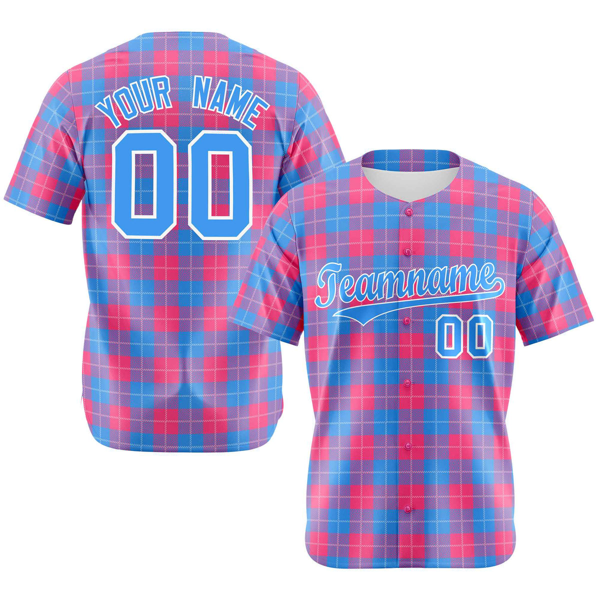 Custom Pink Powder Blue Personalized Plaid Design Authentic Baseball Jersey