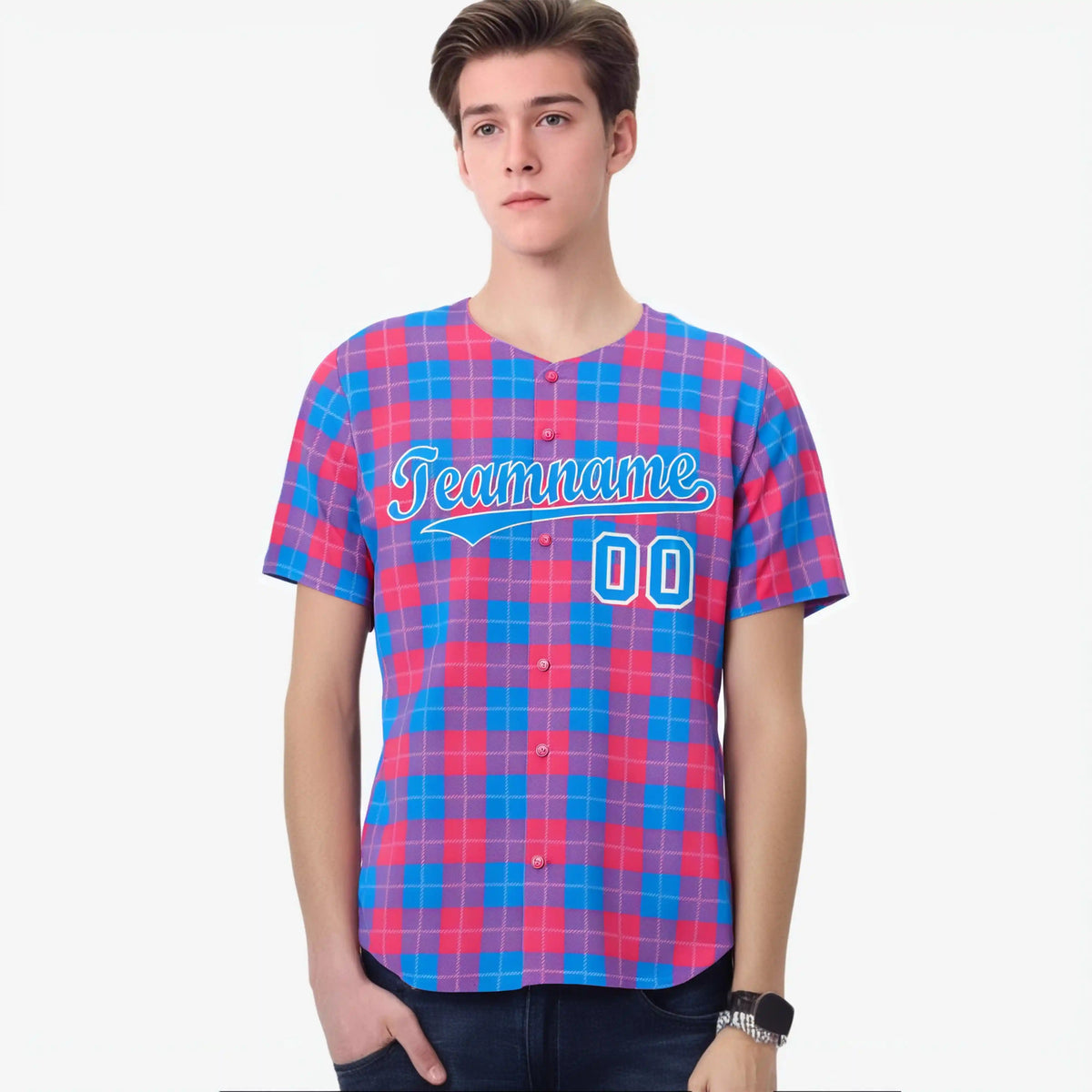 Custom Pink Powder Blue Personalized Plaid Design Authentic Baseball Jersey