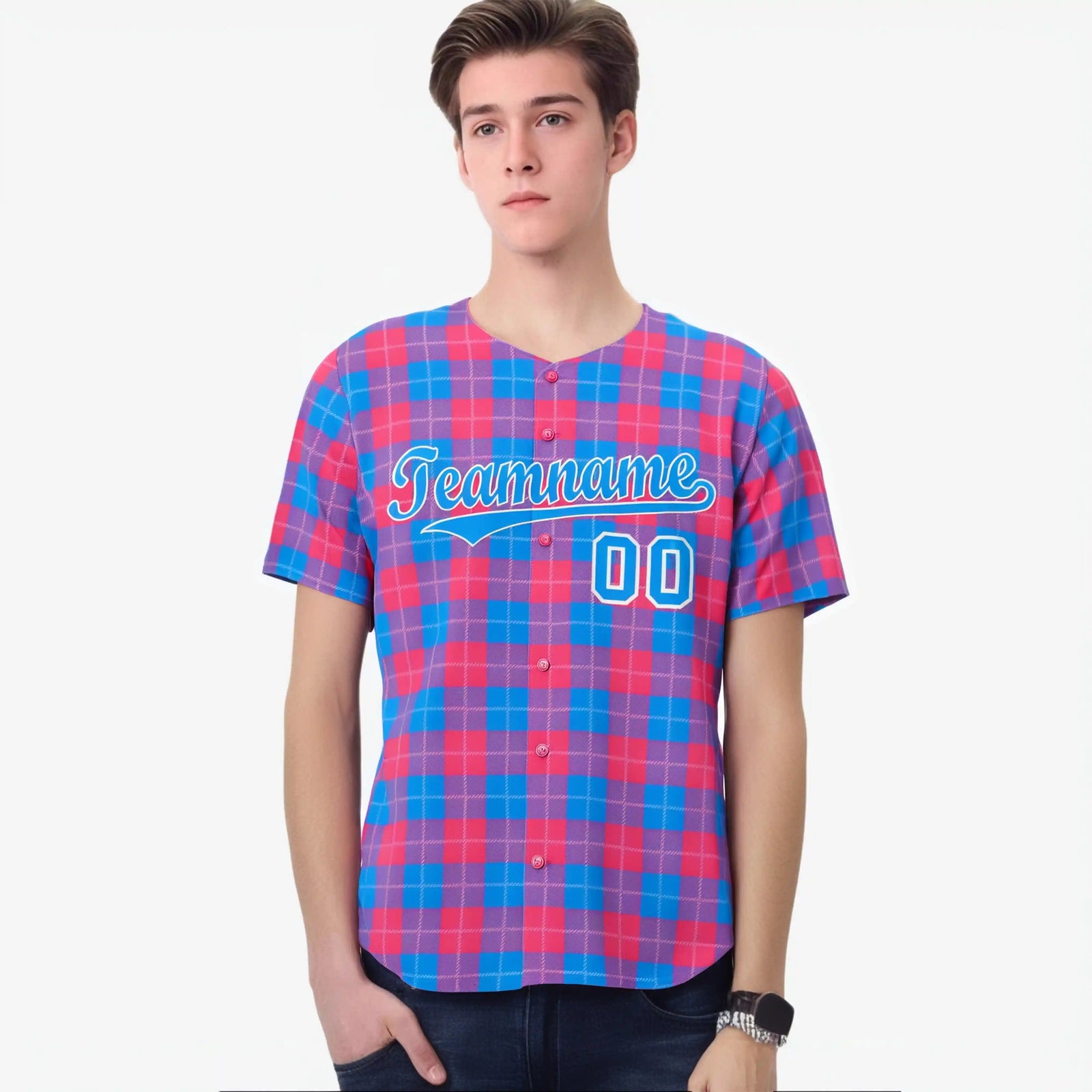 Custom Pink Powder Blue Personalized Plaid Design Authentic Baseball Jersey