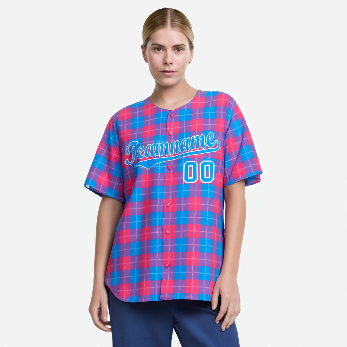 Custom Pink Powder Blue Personalized Plaid Design Authentic Baseball Jersey