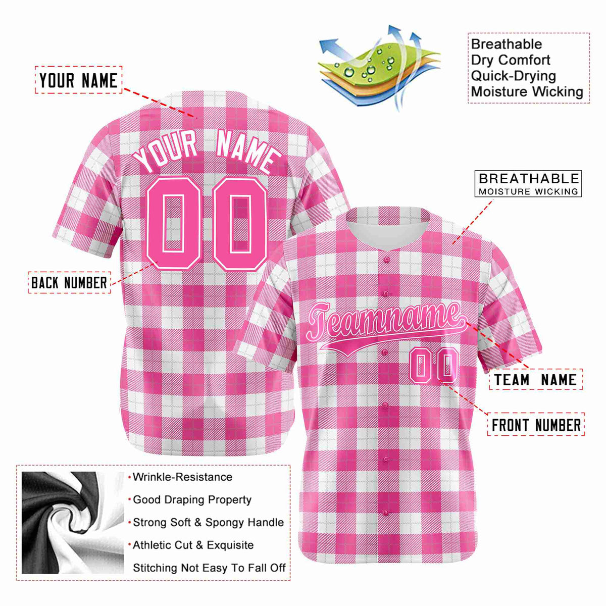 Custom Pink White Personalized Plaid Design Authentic Baseball Jersey