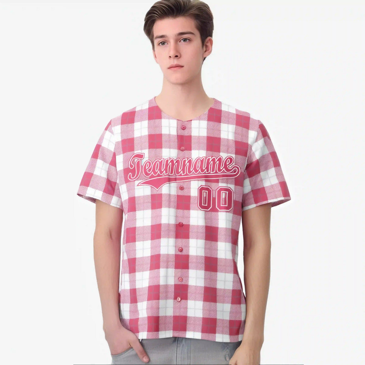 Custom Pink White Personalized Plaid Design Authentic Baseball Jersey