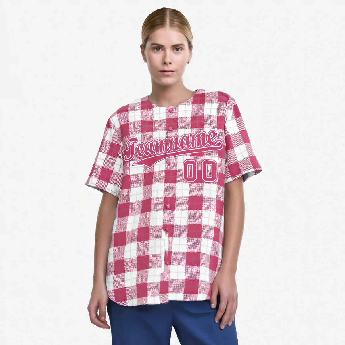 Custom Pink White Personalized Plaid Design Authentic Baseball Jersey