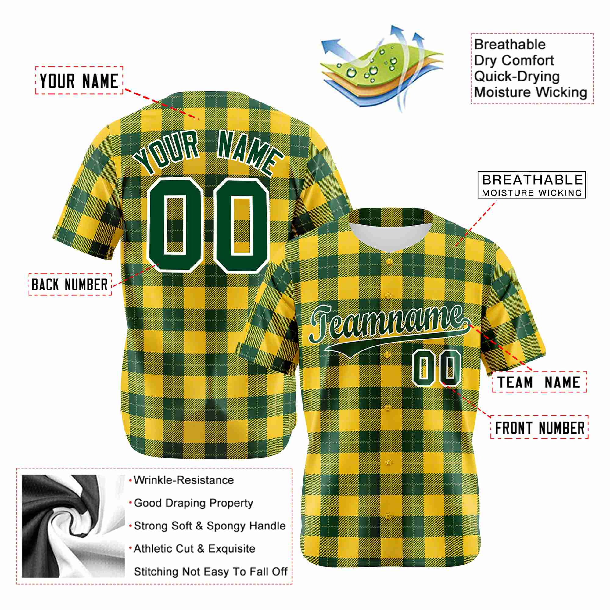 Custom Yellow Green Personalized Plaid Design Authentic Baseball Jersey