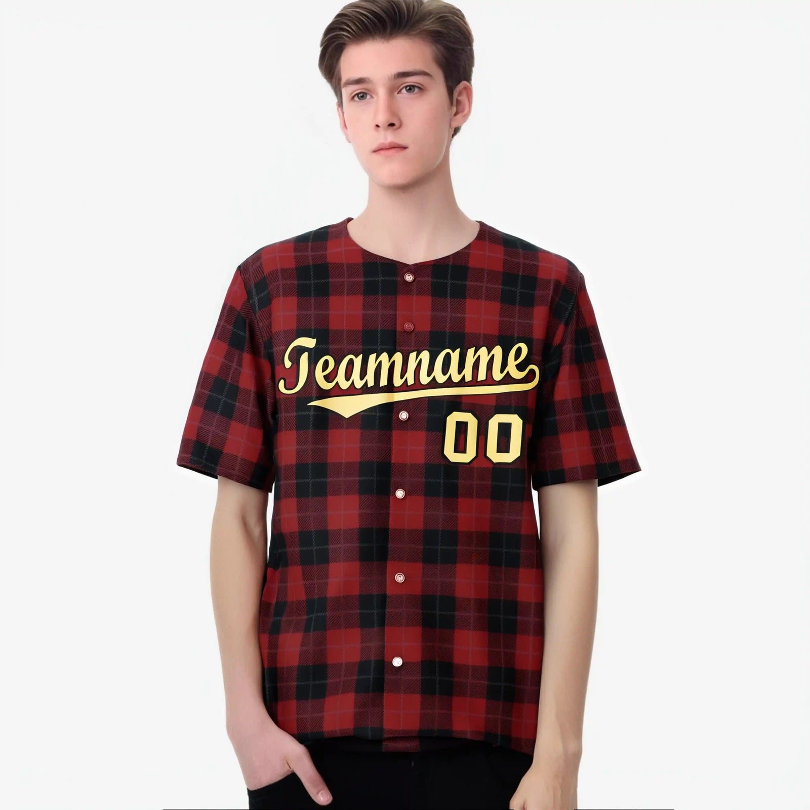 Custom Crimson Black Personalized Plaid Design Authentic Baseball Jersey