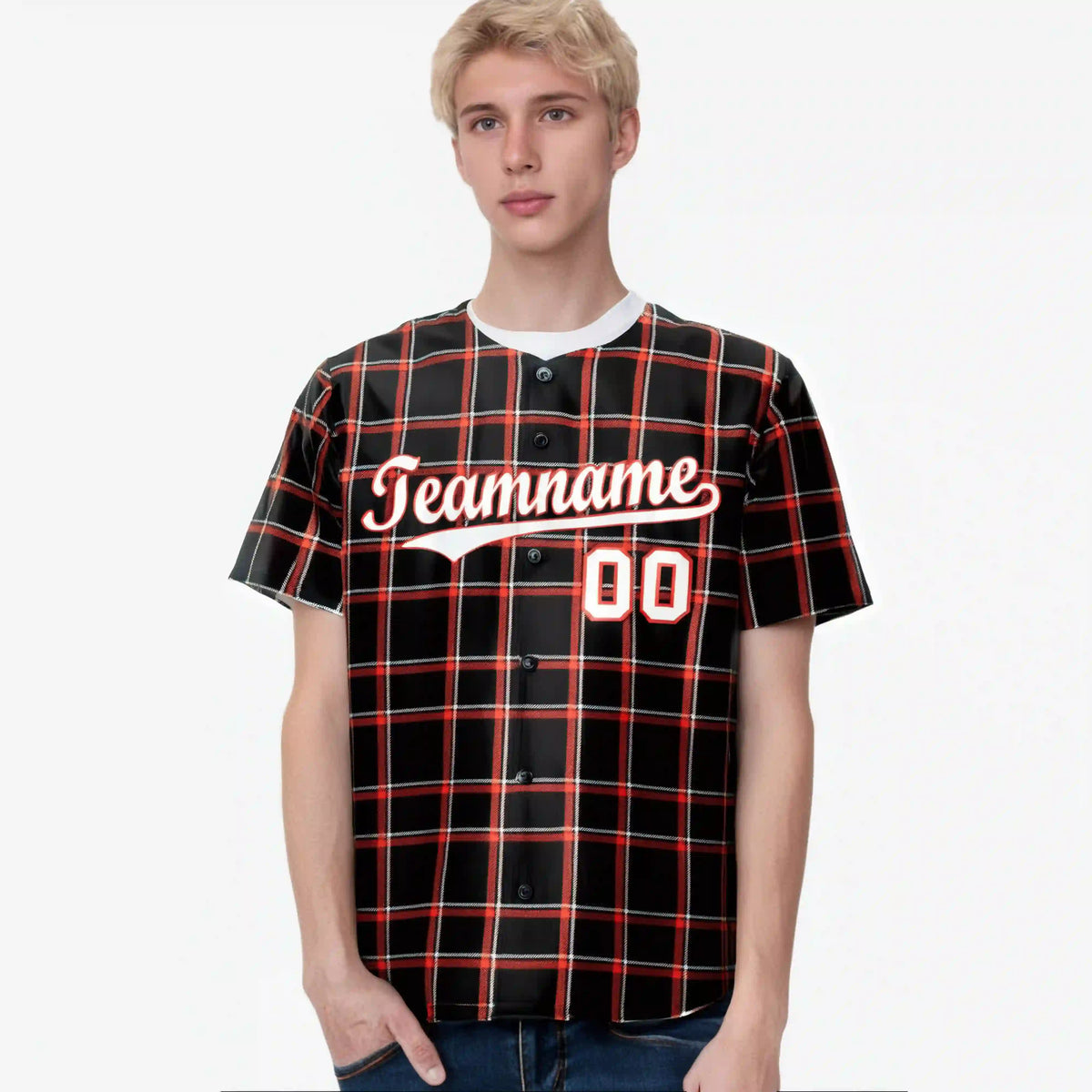 Custom Black Red Personalized Plaid Design Authentic Baseball Jersey