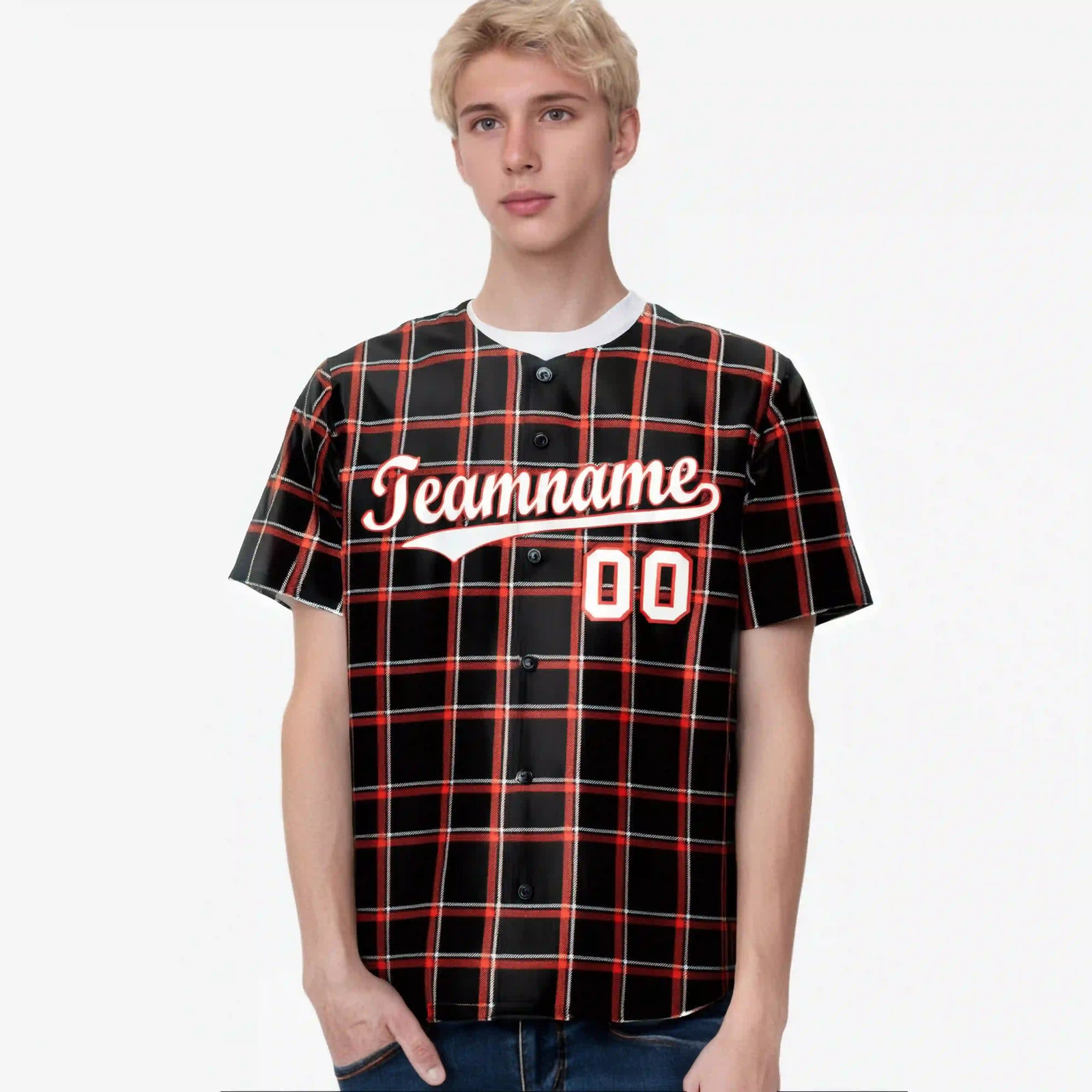 Custom Black Red Personalized Plaid Design Authentic Baseball Jersey