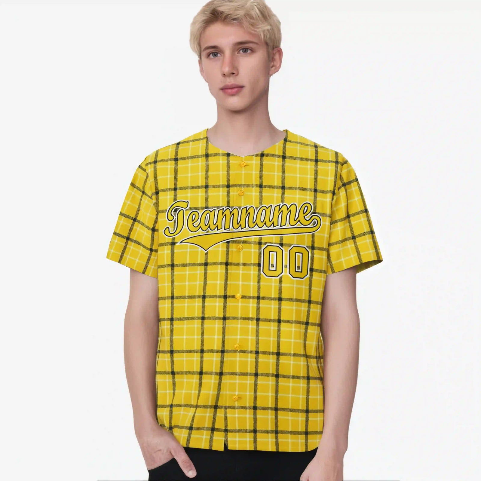 Custom Gold Black Personalized Plaid Design Authentic Baseball Jersey